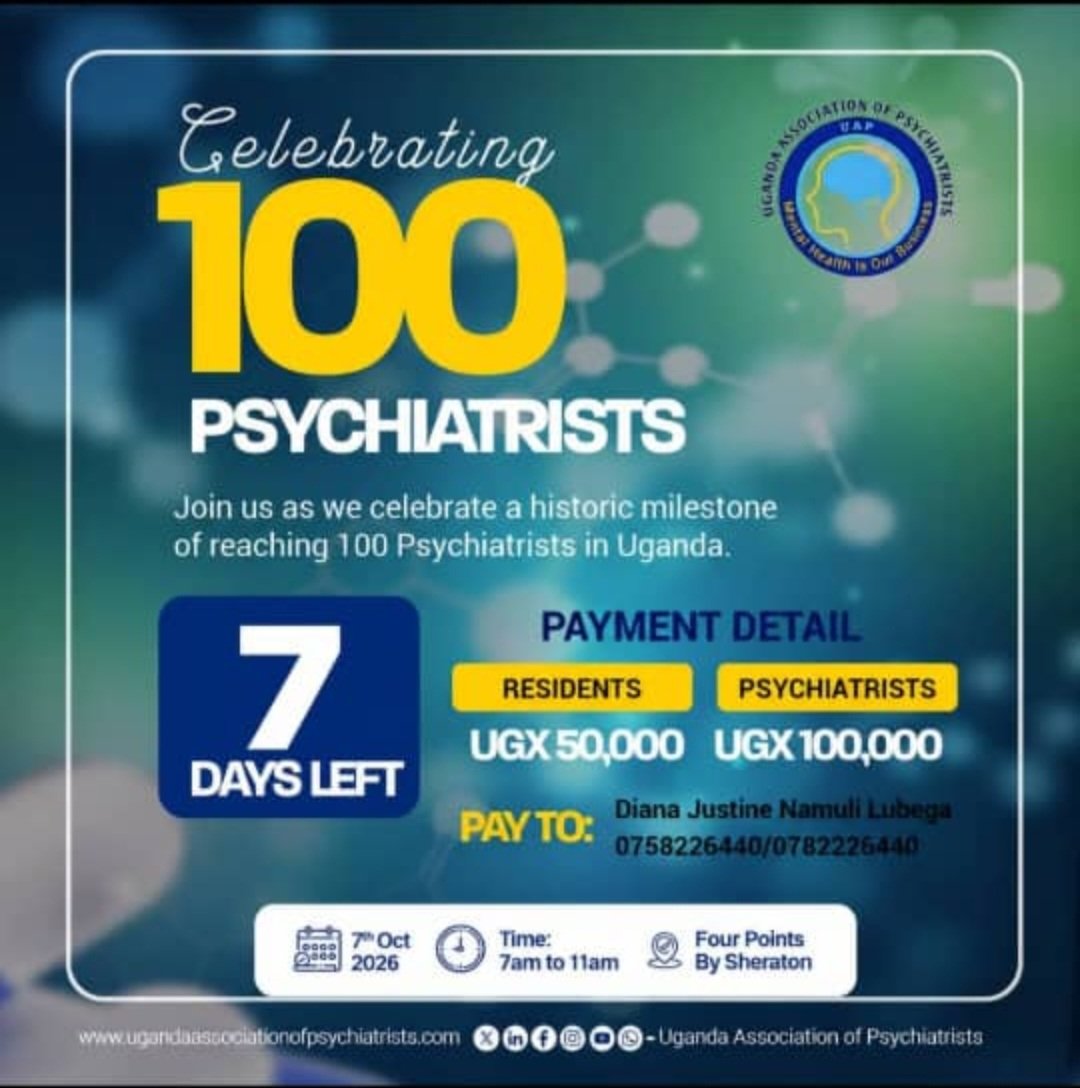 safeplacesug's tweet photo. @Ugpsychiatrists is celebrating a huge milestone of making 100 Psychiatrists. Bitter sweet moment if you consider  100 for 45mln people , regardless we rejoice 🥳 🎉. @safeplacesug  Shall be fully represented, please Join in the celebration, Make a contribution. https://t.co/VFErEZn29W