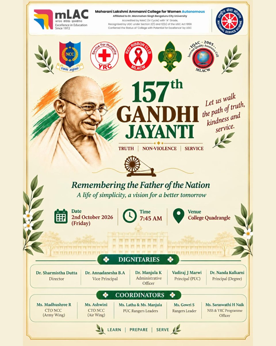 mLAC1972's tweet photo. Gandhi Jayanti Celebration at mLAC 🕊️🌿
The NSS Unit of mLAC invites all students, faculty members, and NSS volunteers to join the Gandhi Jayanti Celebration on 2nd October 2026 at 7:30 a.m
#GandhiJayanti #mLAC #NSSUnit #MahatmaGandhi #TruthAndNonViolence #PeaceAndHarmony https://t.co/xBQAnlbVWR