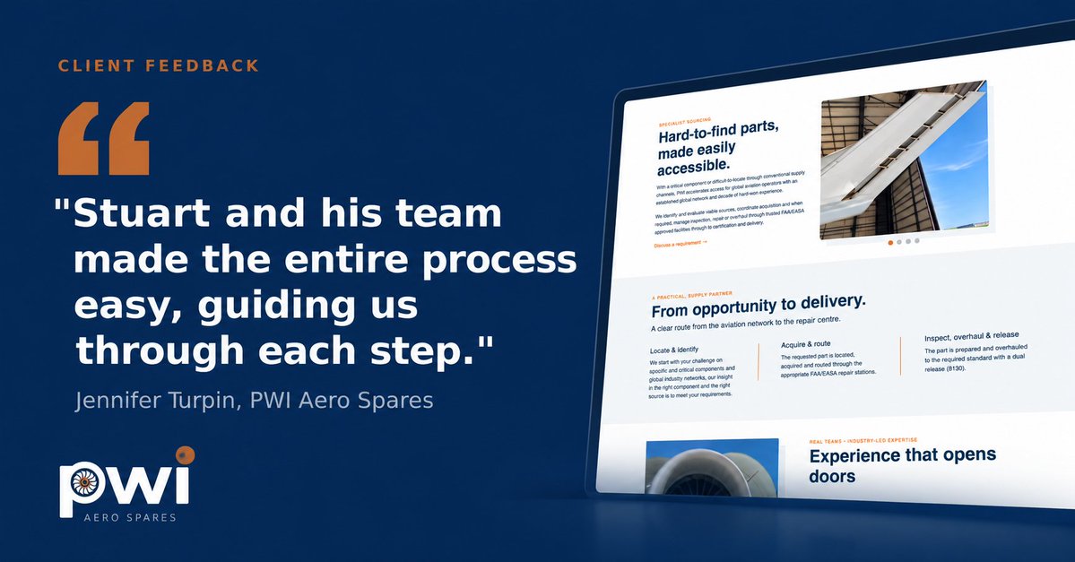 thefctweets's tweet photo. “The Forrester Corporation is talented, helpful and exceptionally responsive.”

Lovely feedback from Jennifer Turpin following the completion of PWI Aero Spares’ new identity and website.

https://t.co/lwGzYZD1ov

#ClientFeedback #BrandAndDigital #Aviation #BusinessGrowth https://t.co/kntcOs4aM1