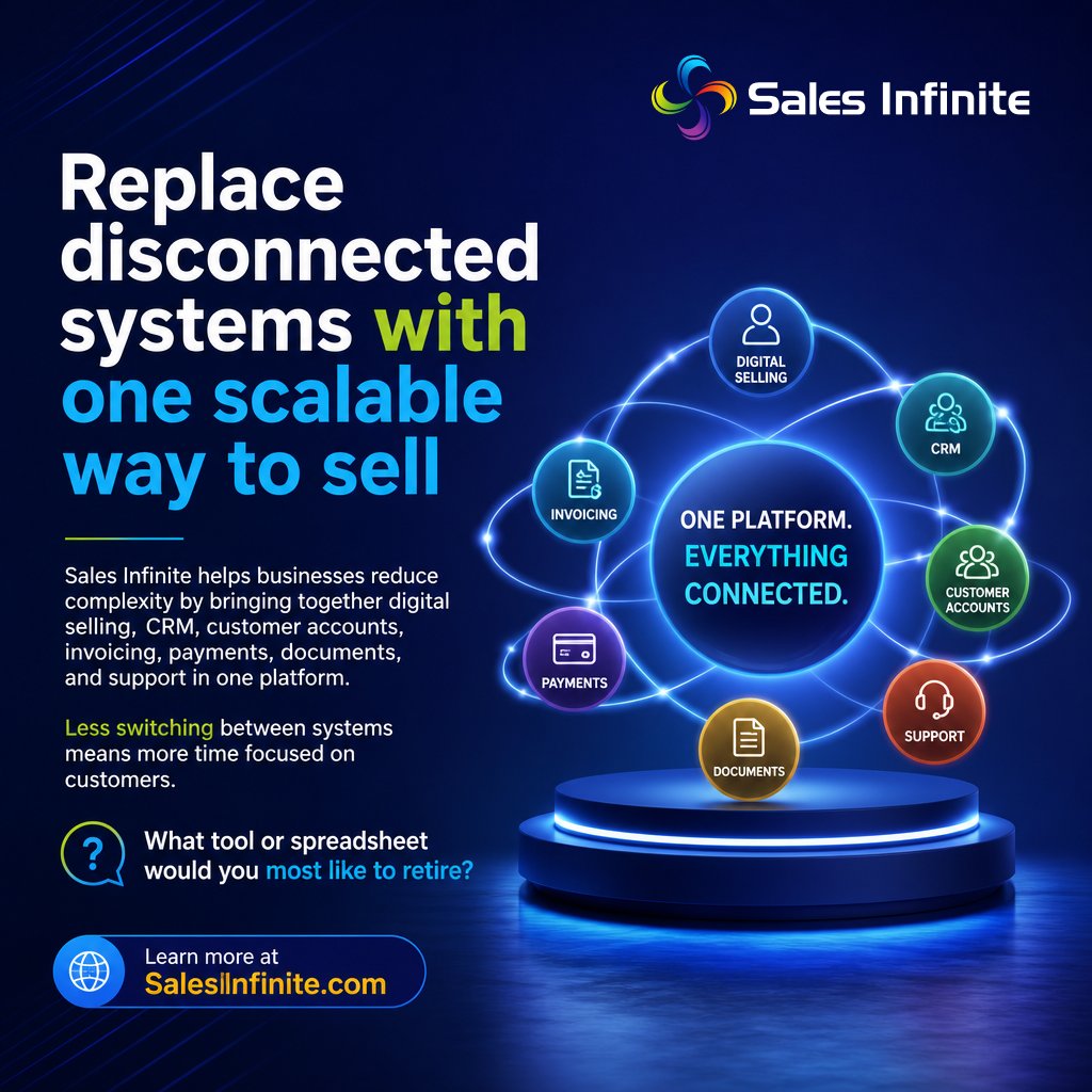 SalesInfinite's tweet photo. Replace disconnected systems with one scalable way to sell

Sales Infinite helps businesses reduce complexity by bringing together digital selling, CRM, customer accounts, invoicing, payments, documents, and support in one platform. Less switching between systems means more time focused on customers. What tool or spreadsheet would you most like to retire? https://t.co/J9mOaJi6aR