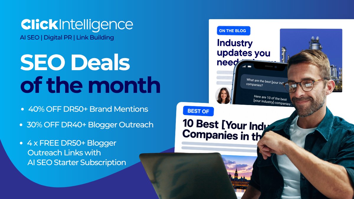 Click_Intel's tweet photo. Kick Q4 off on the right foot with our October deals. This month only, you can get 4 FREE DR50+ Backlinks with AI SEO Starter Subscription, 40% OFF DR50+ Brand Mentions, and 30% OFF DR40+ Blogger Outreach! Sound good? Shop now: https://t.co/jgREbYRwZ6
#LinkBuilding #SEO #SEODeals https://t.co/Qul0WNT3sw