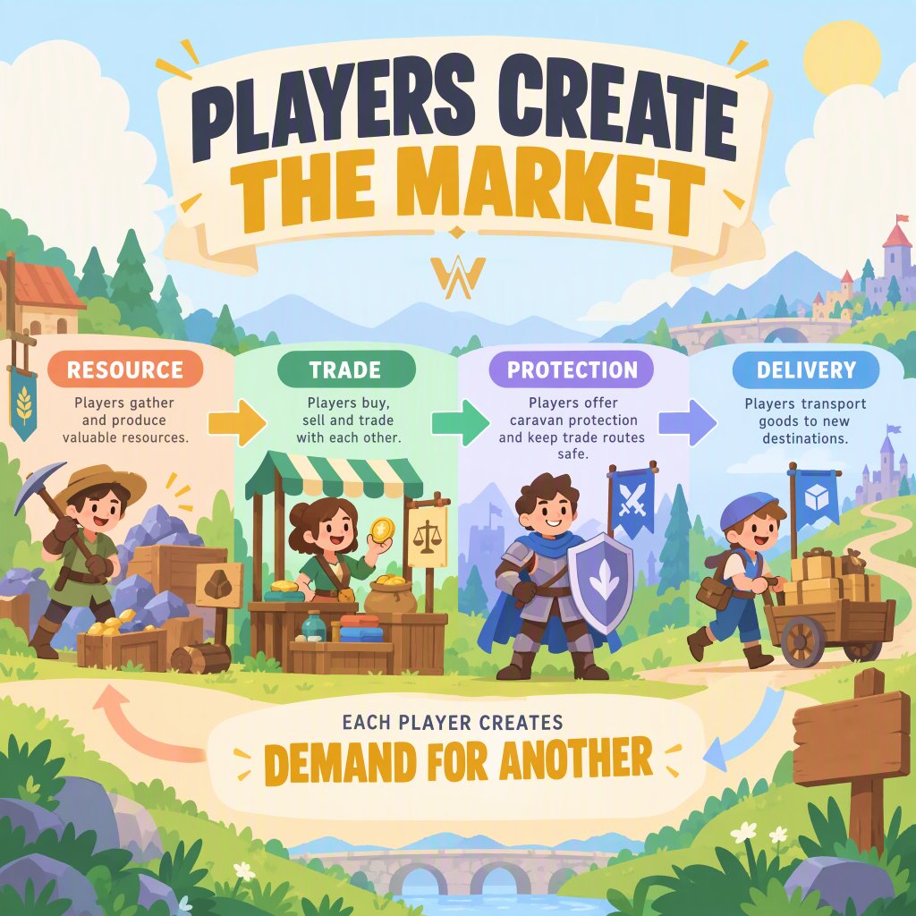 AIWORLDSGAMES's tweet photo. 🛒 What if players created demand for each other?

One produces resources. Another buys them. Someone needs protection. Someone else delivers.

Resource → Trade → Protection → Delivery

Players don’t just join the economy. They create it.

👉 https://t.co/2eHVhLCfQa https://t.co/vo0h5EJjVN