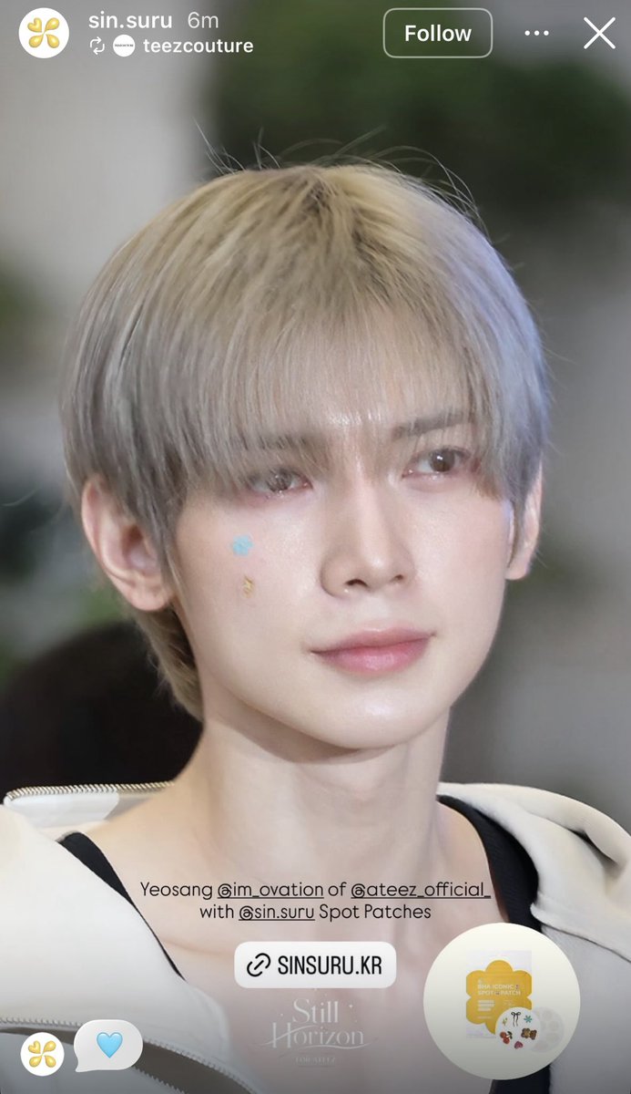 coutureteez's tweet photo. the brand SINSURU has reposted two of our stories where Yeosang is wearing their Spot Patches (they were tagged in one) and the CEO of the brand has also reshared it on her stories without being tagged. 🥹🩵

#YEOSANG #ATEEZ #여상 #SINSURU https://t.co/j1BBsUq1eJ