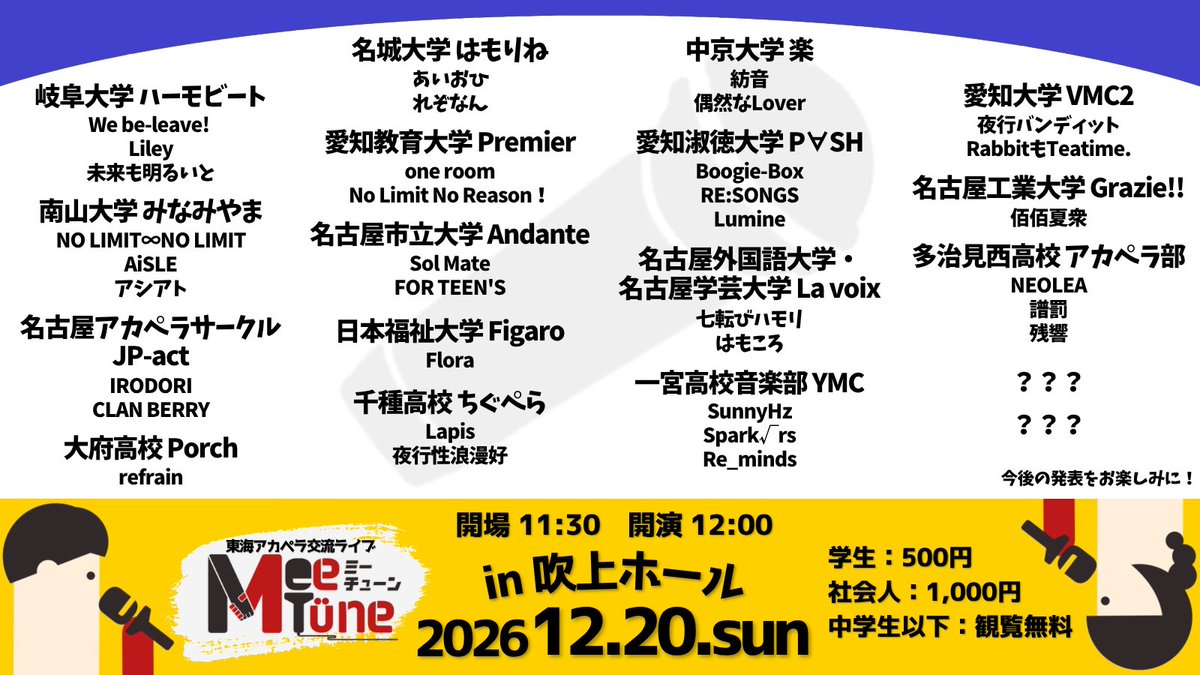 TOKAI_LIVE's tweet photo. ＿＿＿＿＿＿＿＿＿＿＿＿＿＿＿＿

東海アカペラー交流ライブ
『MeeTüne』出演バンド公開🤝

⏰12月20日（日）
11:30開場/12:00開演
📍吹上ホール
💰学生：500円
　  社会人：1,000円

観覧予約はこちらから⬇️
https://t.co/MzwdFeEhfM

#MeeTüne  #みーちゅーん 
＿＿＿＿＿＿＿＿＿＿＿＿＿＿＿＿ https://t.co/Ip4CC3iS4h