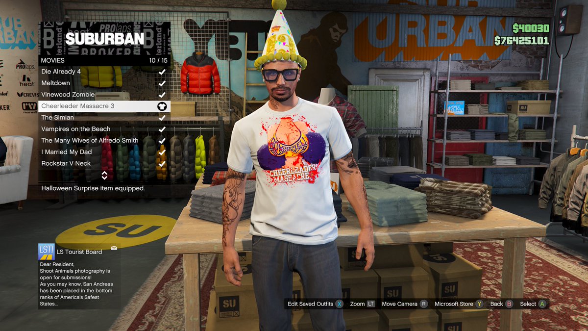 GTAonlineNews's tweet photo. This week log into GTA Online and visit a clothing store to receive the “Cheerleader Massacre 3 T-Shirt. https://t.co/WcZ0QrQPYa