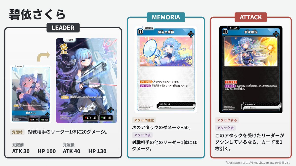 XrossStars_info's tweet photo. 【新カード情報🆕/PR】#クロスタTCG
#XrossStars 第5弾 碧依さくらさんの専用カード紹介です！

STのRasと同じ構成で色と覚醒時効果が変わった感じですね！
青に使いやすいリーダーが増えてめちゃめちゃありがたい🙏

Amazonで予約が最安で出来るリンクはこちら⬇️
https://t.co/zG6RwhDmrF https://t.co/fejLnZJ1Vv