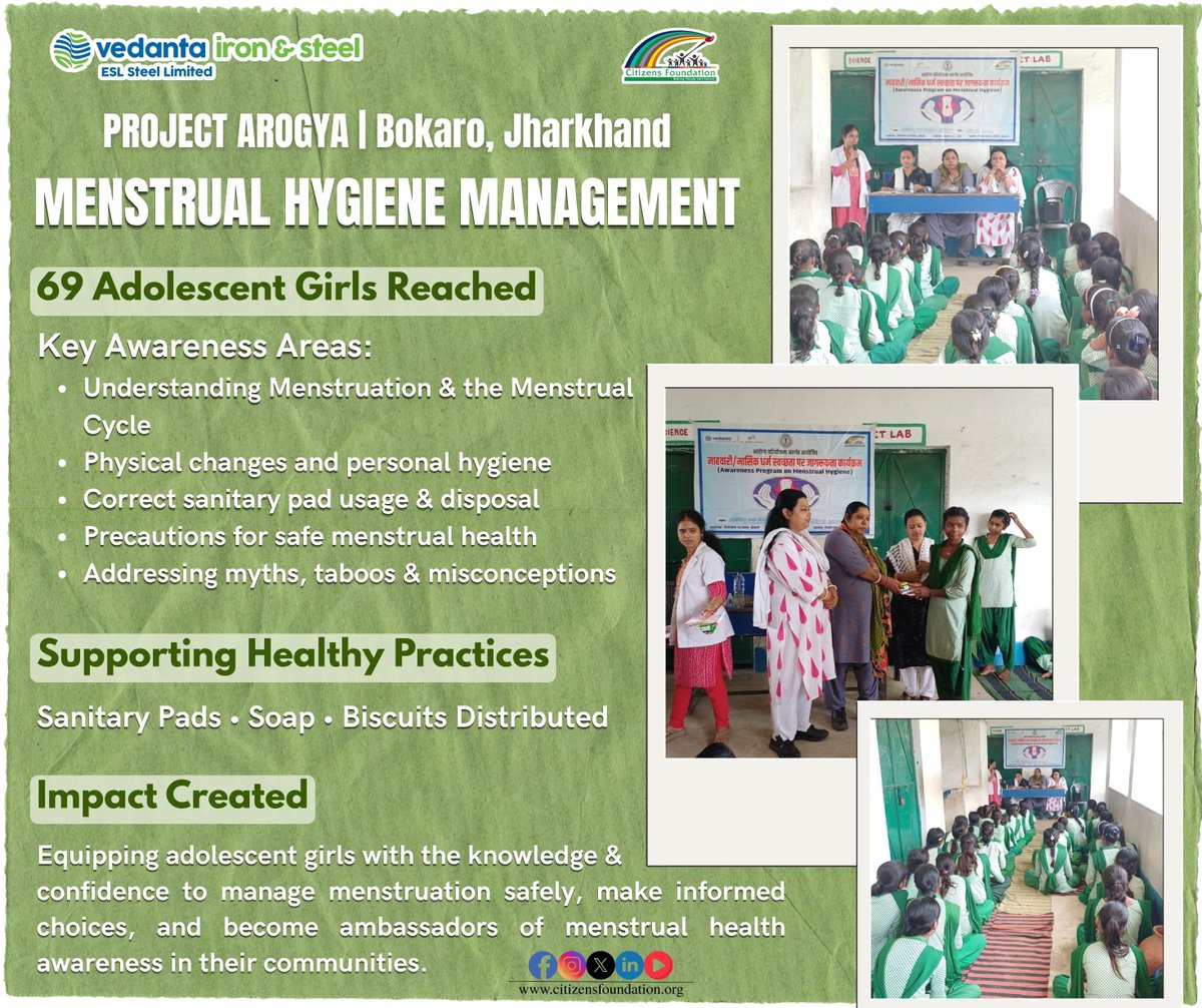 citizens_cf's tweet photo. 🌸 Breaking Myths. Building Confidence. Promoting Health. 🌸
As part of Project Arogya, @citizens_cf conducted a Menstrual Hygiene Management session at Middle School, Budhibinor, empowering 69 adolescent girls with essential knowledge about menstruation, personal hygiene, safe sanitary pad usage and disposal, and the importance of challenging social myths.

🩷 Sanitary pads, soap & biscuits were also distributed, reinforcing that menstrual health is a matter of dignity, awareness and well-being. Through such initiatives, Citizens Foundation is nurturing informed, confident young girls who can care for themselves and become voices of awareness within their communities. 🌱✨

@Vedanta_Group @ESLSteelLimited @GaneshReddys7 
#CFat29 #ProjectArogya #MenstrualHygiene #MenstrualHealth #PeriodEducation #GirlsHealth #AdolescentHealth #BreakTheMyths #HealthAwareness #DignityForAll #CSR #CommunityHealth #EmpoweringGirls #HealthAndWellbeing