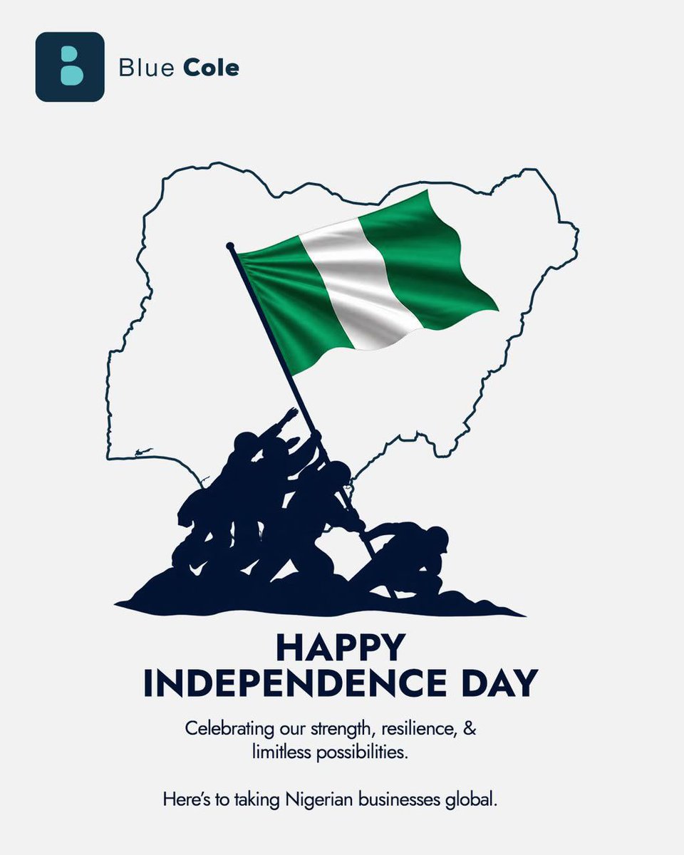 BluecoleFinance's tweet photo. Happy Independence Day, Nigeria! 🇳🇬

Here’s to Nigerian businesses going beyond borders, making global connections, and building a future without limits.

Keep growing. Keep going. Keep going global. 🌍

Happy Independence Day from BlueCole.

 #bluecole #fintech #globalpayments https://t.co/tImKOrSId4