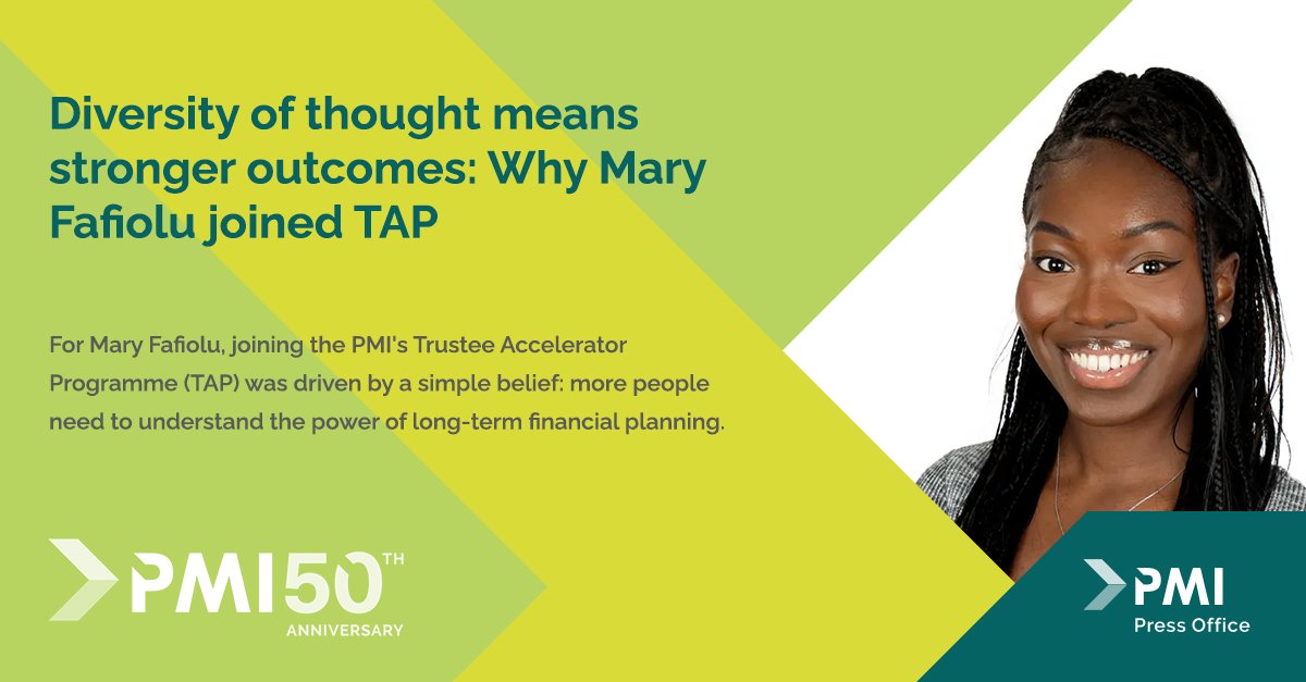 PMIPensions's tweet photo. Mary Fafiolu shares how her passion for financial wellbeing and inclusion inspired her journey towards trusteeship through the Trustee Accelerator Programme (TAP), and why diverse perspectives can help boards make stronger decisions - https://t.co/n5heFCCJK8 https://t.co/tUpEAgrUyH