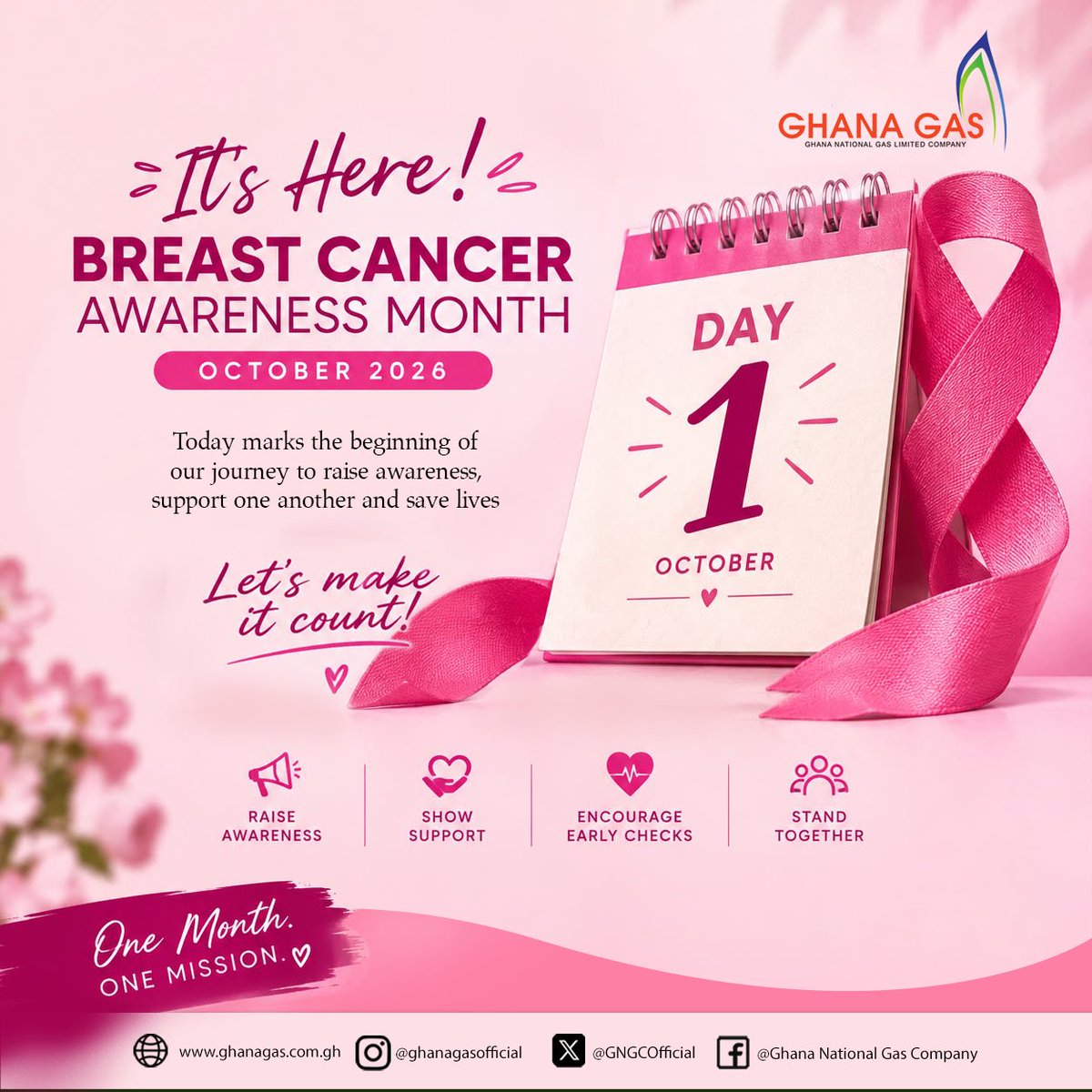 GNGCOfficial's tweet photo. 🎀 Breast Cancer Awareness Month | October 2026
This October, let’s raise awareness, encourage early detection, show support and stand together. 💗
Early Action, Better Outcomes.
#GhanaGas
#BreastCancerAwareness #EarlyActionBetterOutcomes
#PinkOctober2026 https://t.co/cVSElqwMSj