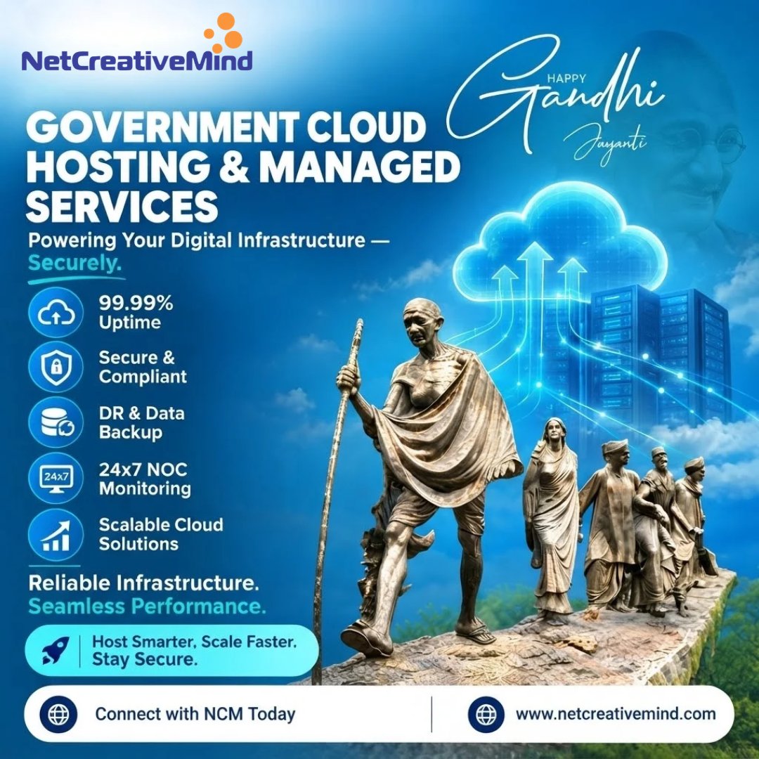 ncm_official's tweet photo. Secure &amp; reliable cloud hosting for government digital services. ☁️

NetCreativeMind Solutions provides cloud hosting, managed infrastructure, hosting, monitoring, backup, security &amp; technical support.

#CloudHosting #GovernmentCloud #GandhiJayanti #GandhiJi #Bapu https://t.co/3hVgGgy27K
