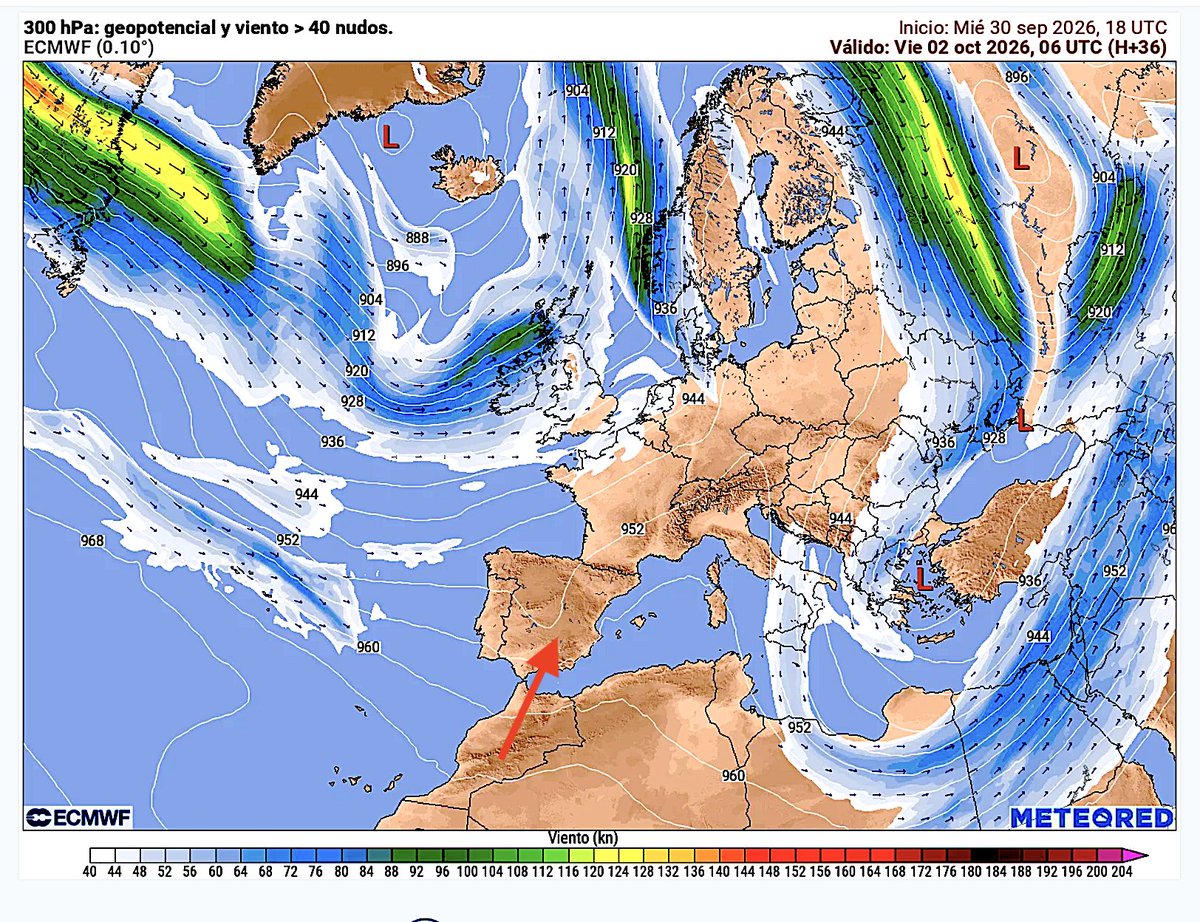 angel_rivera8's tweet photo. Algunos modelos dan cantidades extraordinarias de precipitación en algunas zonas de la vertiente mediterránea a partir de la proxima tarde-noche y día de mañana, y en consecuencia Aemet ha establecido varios avisos rojos y naranjas. 
Tal como se muestra en el mapa de 300 hPa previsto para la próxima madrugada existe una débil vaguada atravesando la Península que podría llegar a generar un pequeño vórtice cerrado en su interior. En cualquier caso ello, por sí mismo, no justificaría cantidades tan extraordinarias de precipitación. Si finalmente se alcanzan creo que hay que dar un peso decisivo a la gran humedad disponible en capas bajas sobre el Mediterráneo a consecuencia de las altas temperaturas del verano y a una mayor cantidad de humedad subtropical a niveles medios, es decir a "gasolina" de altísima calidad. 
Además la gran cantidad de calor latente liberado por la convección puede alterar local-regionalmente la dinámica de niveles altos y potenciar las velocidades ascensionales. 
En resumen: la estructura sinóptica por sí misma no justificaría cantidades tan importantes de lluvia y, por tanto, la gran  cantidad de aire cálido y muy húmedo disponible tendría un papel decisivo.