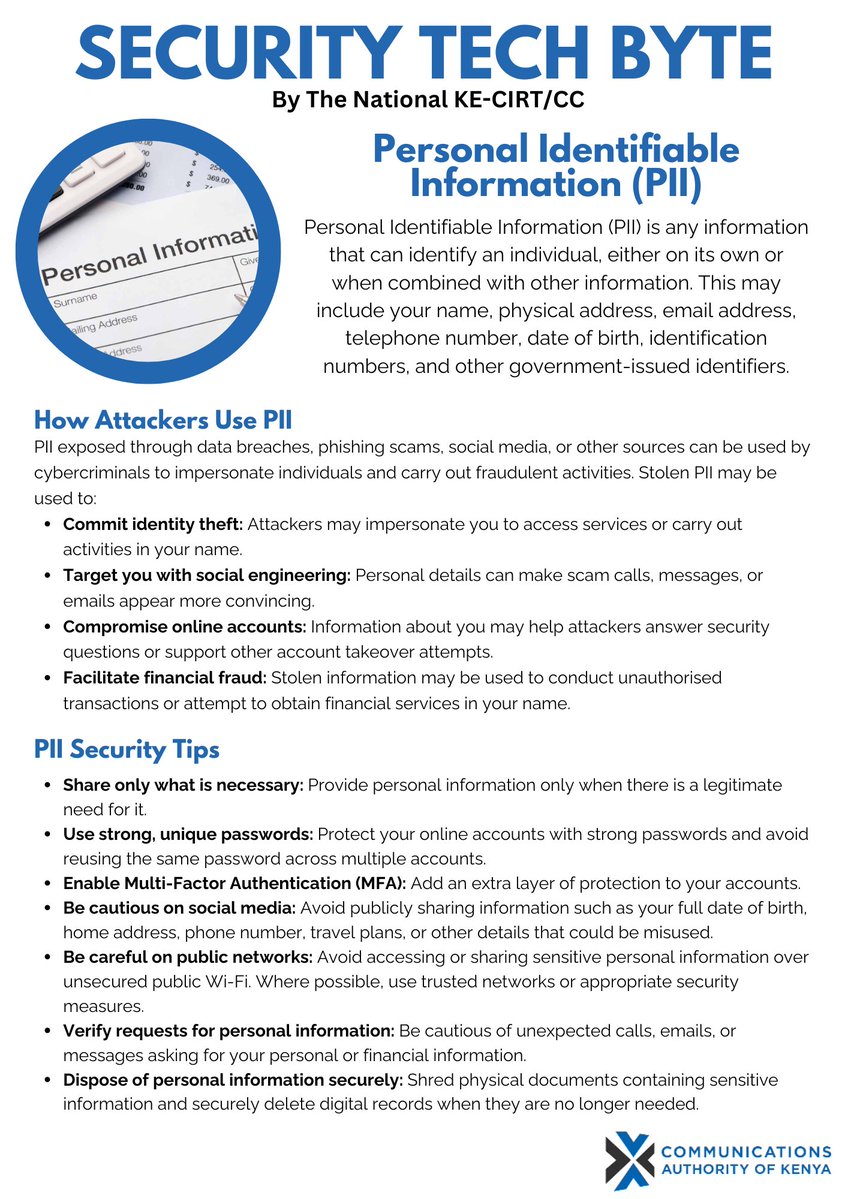 KeCIRT's tweet photo. PII: If it identifies you, protect it! 🔐
#PII #BeCybersmart #Cybersecuritytips https://t.co/Bl3o2oa1Ok
