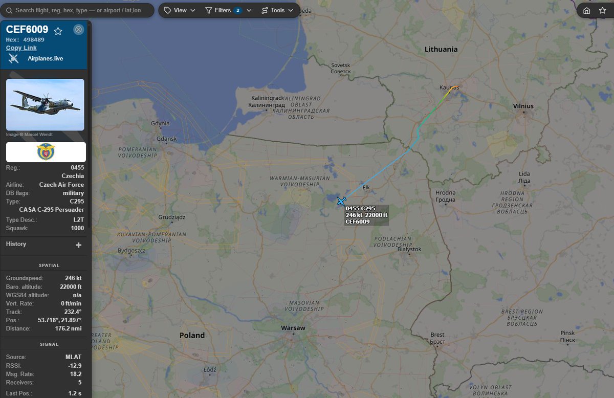 PolishMilRadar's tweet photo. 📅 01.10 🕞 11:34LT - 🇨🇿✈️ Czeska CASA tranzytem
🇨🇿 Siły Powietrzne Czech
✈️ Airbus/CASA C-295M | Reg: "0455"
🛫 Port Lotniczy Kowno #EYKA | Litwa 🇱🇹
🛬 Nieznane (prawdopodobnie Baza Lotnicza Praga Kbely #LKKB 🇨🇿)
🔗 https://t.co/i26b6uJeQt
#POLMILRADAR https://t.co/WJJdXULcSb