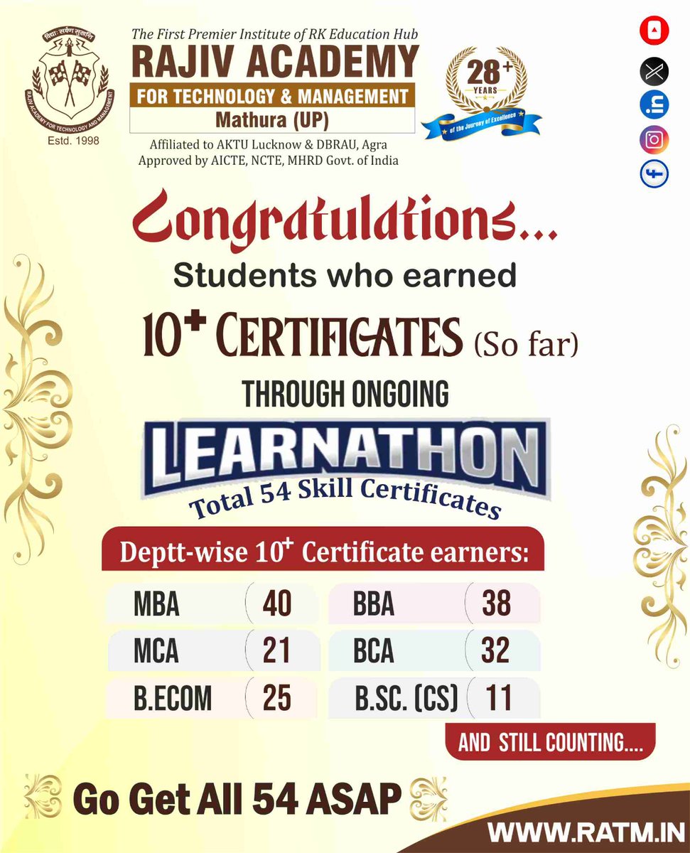 RATM_Mathura's tweet photo. 10+ Certificates Earn Through Ongoing Learnathon.
54 Skill certificates #MBA #MCA #B.Ecom
Learn. Upskill. Get Certified.
#Learnathon #SkillDevelopment #RATM
RATM academic Best academic
RATM placements best placements
Helpline No. 9997398811, 9997596633 https://t.co/7DsA2mbB7B