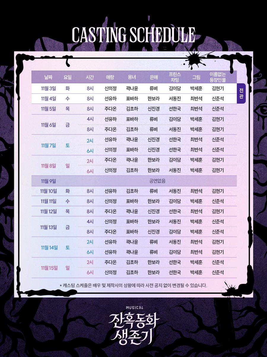 newpro_sansam's tweet photo. [#잔혹동화생존기]

𝑴𝒖𝒔𝒊𝒄𝒂𝒍
𝑱𝒂𝒏𝒉𝒐𝒌𝒅𝒐𝒏𝒈𝒉𝒘𝒂 𝑺𝒂𝒆𝒏𝒈𝒋𝒐𝒏𝒈𝒊

캐스팅 스케줄 안내

👑마지막 티켓 오픈 | 10월 8일(목) 오전 11시
👑오픈 기간 | 11월 3일(화) ~ 11월 29일(일)
👑예매처 | 티켓링크, 예스24 티켓

대학로 TOM(티오엠) 1관
𝟐𝟎𝟐𝟔.𝟎𝟗.𝟎𝟖 ~ 𝟏𝟏.𝟐𝟗 https://t.co/EneC7rMIG4