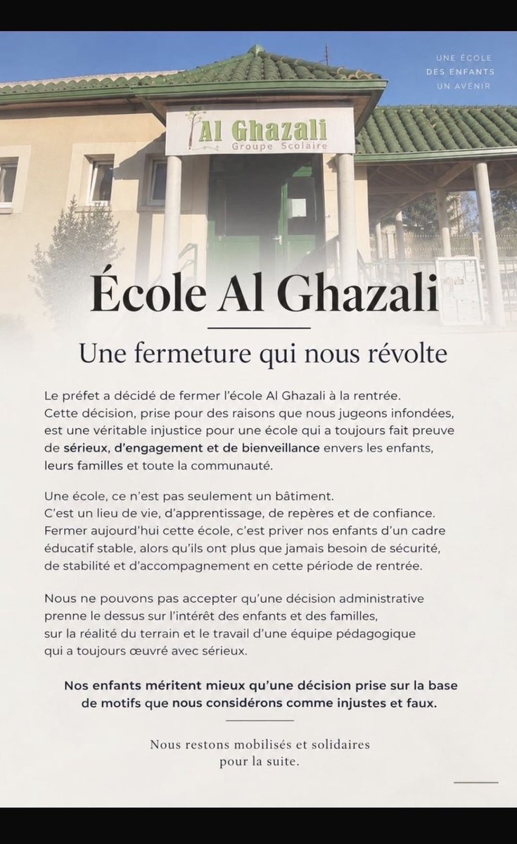 ilyescanor69's tweet photo. Le préfet de l’Oise a décidé de fermer l’école Al Ghazali pour des raisons INFONDÉES

Les établissements scolaires musulmans sont pris pour cibles depuis plusieurs années par le gouvernement par pure ISLAMOPHOBIE 

Plus de 150 élèves à qui un délai de 15 jours a été donné pour trouver un nouvel établissement 

Rappelez vous ce qu’il a fallu faire pour que Betharram soit fermé, l’administration française n’a à priori pas la même patience ni la même tolérance en fonction de la religion car aucun incident similaire n’a été signalé à Al Ghazali

Il faut le dénoncer et ne jamais laisser passer ces injustices