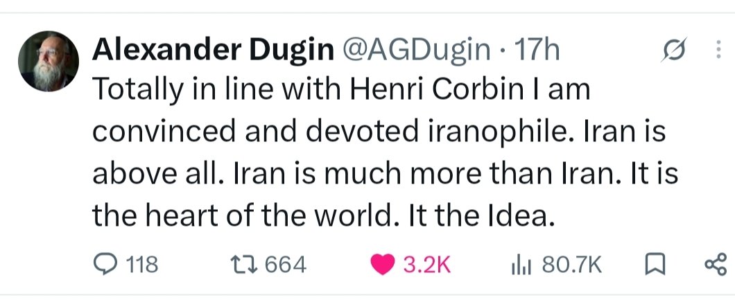 MsvSalvation's tweet photo. الکساندر دوگین که به مرد پشت پرده پوتین معروفه یک مسیحی ارتودوکس و اندیشمند روسی هست که تفکرات نزدیک به شیعه داره چند سال هست که صفحه اش در X رو دنبال می کنم تا به حال ندیدم همچین چیزی رو در مورد ایران بگه!! https://t.co/Zmi95zpLow
