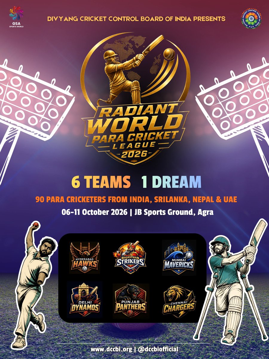 DCCBIofficial's tweet photo. Divyang Cricket Control Board of India presents Radiant World Para Cricket League 🏏

6 Teams | 1 Dream
90 Para Cricketers from India, Sri Lanka, Nepal &amp; UAE
06-11 October 2026 | JB Sports Ground, Agra

#DCCBI #PCL #DivyangCricket #ParaCricket #CricketLeague 
@BCCI @ICC https://t.co/OmesIhhrod