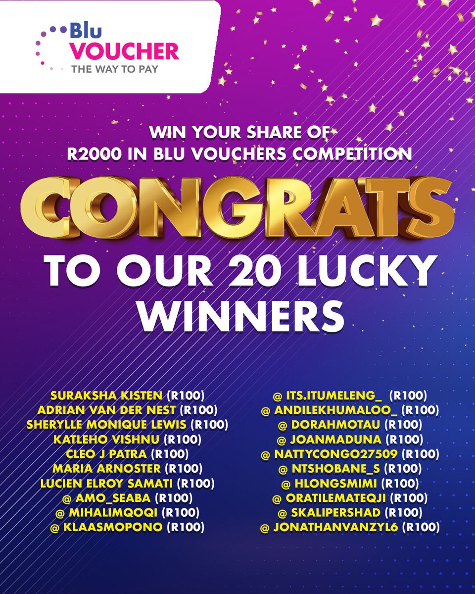 BluVoucher's tweet photo. CONGRATULATIONS TO OUR 20 WINNERS!

You told us where you buy your BluVoucher, and now 20 lucky winners are each walking away with a R100 BluVoucher!

A massive thank you to everyone who entered, followed our page and shared their local BluVoucher spot with us. We loved seeing just how many places across South Africa are keeping you connected to BluVoucher.
To our 20 winners, congratulations! Keep an eye on your inbox as our team will be in touch with you regarding your prize.

Didn’t win this time? Stay right here. There are more chances to win coming your way.

#BluVoucher #BluVoucherWinners #CompetitionWinners #Congratulations #WinWithBluVoucher #TheWayToPay