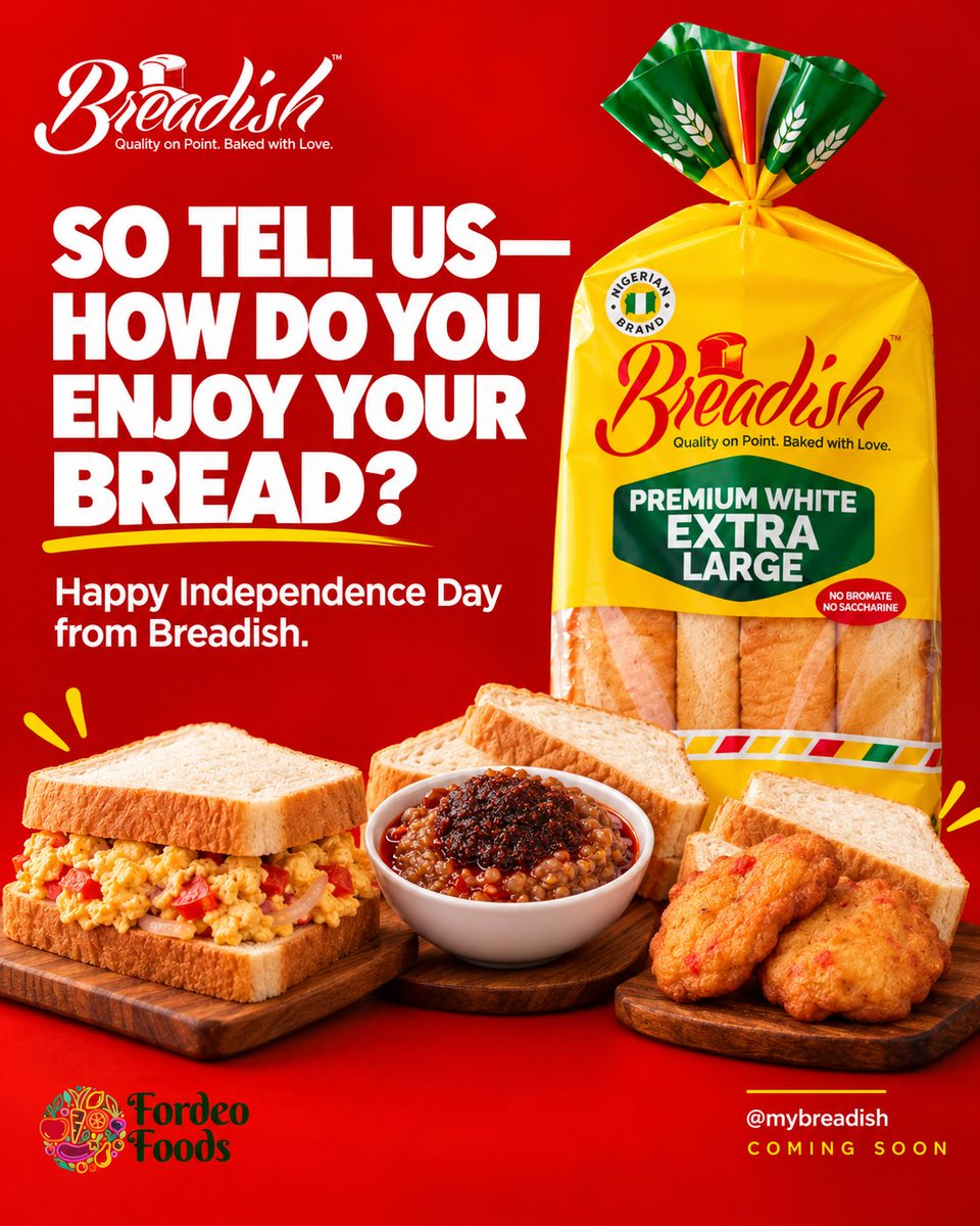 mybreadish's tweet photo. One thing about Nigerians: everybody has a bread combo they swear by. 😂
Bread + egg?
Bread + Ewa Agoyin?
Bread + akara?
Which one are you choosing?
Happy Independence Day, Nigeria. 🇳🇬
Breadish is coming soon.
#Breadish #NigeriaAt66 https://t.co/TyuDrapSt8