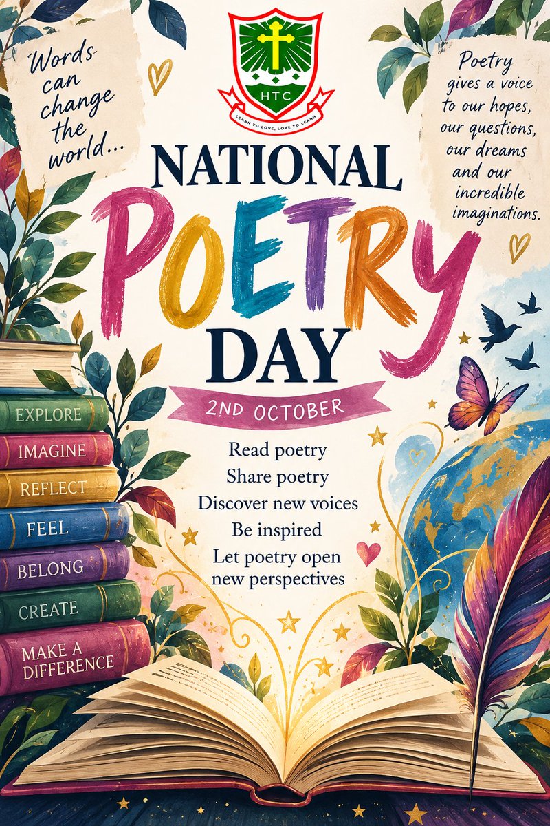 HolyTrinityCol's tweet photo. 📚✨ Happy National Poetry Day! ✨📚
Today we’re celebrating the power of poetry to inspire, challenge, connect and give us a voice. We’ll be sharing poetry across school and discovering the magic that can be found in words. 🖋️📖
#NationalPoetryDay #ReadingForPleasure #HTCReads https://t.co/Z4Wl9Qv8sU