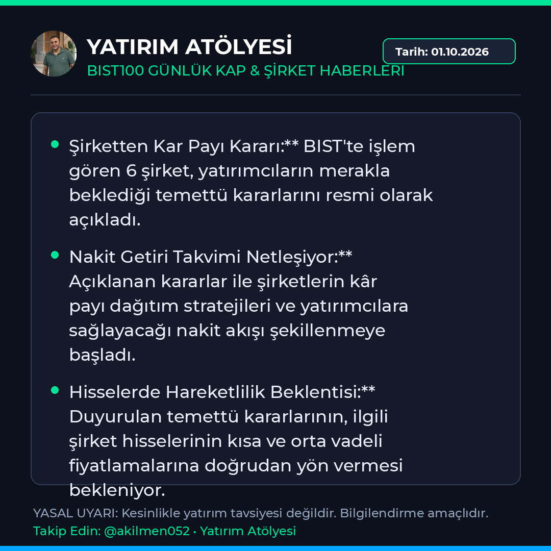 akilmen's tweet photo. 🚨 FLAŞ KAP BİLDİRİMİ | solana:HHNiHAW7YiydP6tfMhtD5WbZ6QQ8d2D1Fdyvp46Dpump

📌 Borsa yatırımcısının beklediği haber geldi; 6 şirket temettü kararını açıkladı - ekonomim.

🔹 Şirketten Kar Payı Kararı:** BIST'te işlem gören 6 şirket, yatırımcıların merakla beklediği teme... https://t.co/3qwnLoaJrd