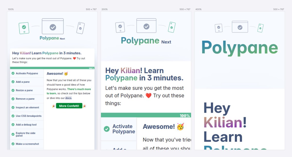 polypane's tweet photo. If you're an accessibility auditor, Polypane 31 has a massive time-saving feature for you.

With per-pane zoom settings, you can now check 100% page zoom right alongside 200% and 400%, letting you check WCAG 1.4.4 and 1.4.10 in one fell swoop! https://t.co/EN0q9caKXk