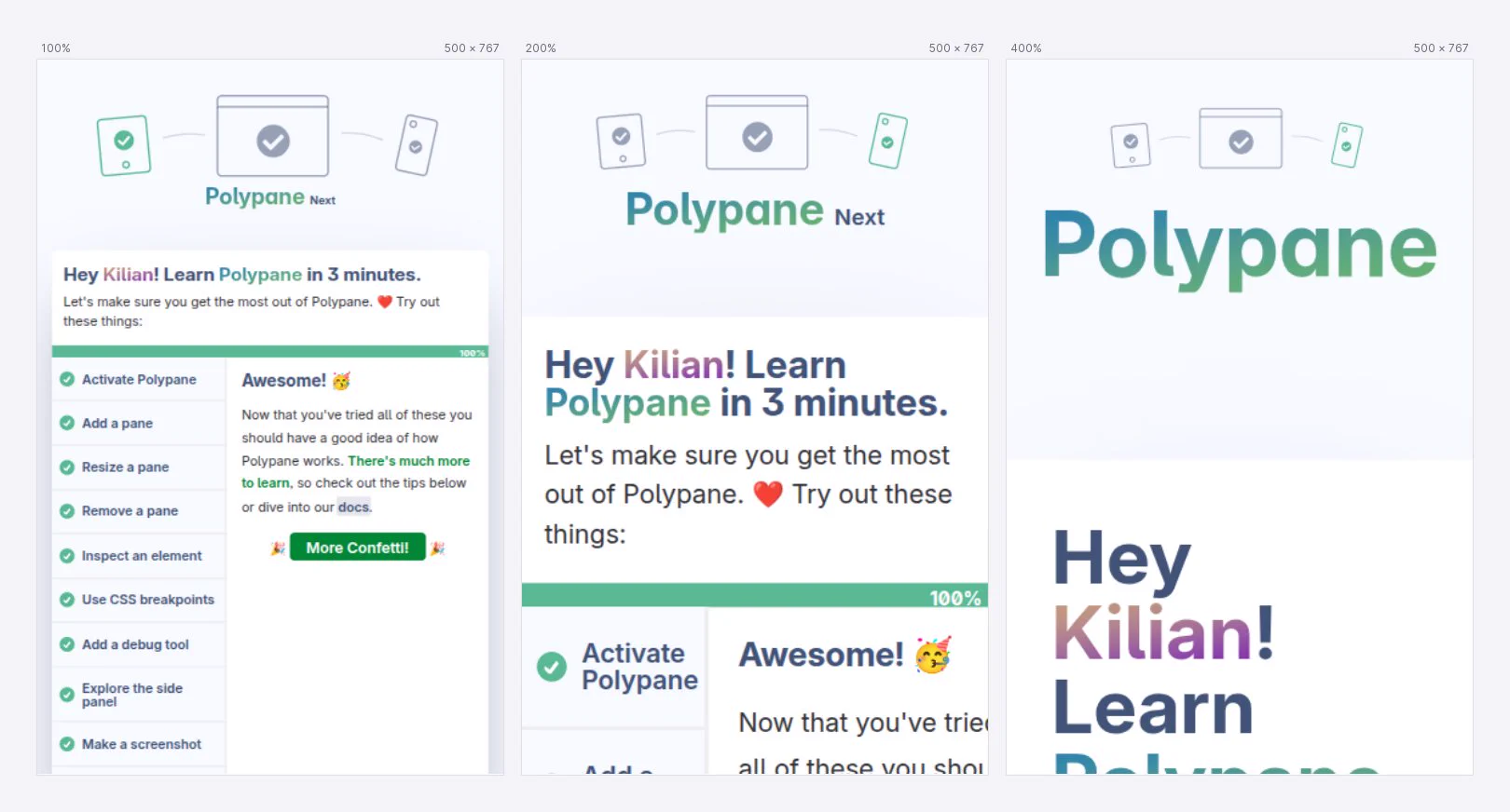 A website in three panes in Polypane at three different zoom levels: 100%, 200% and 400%