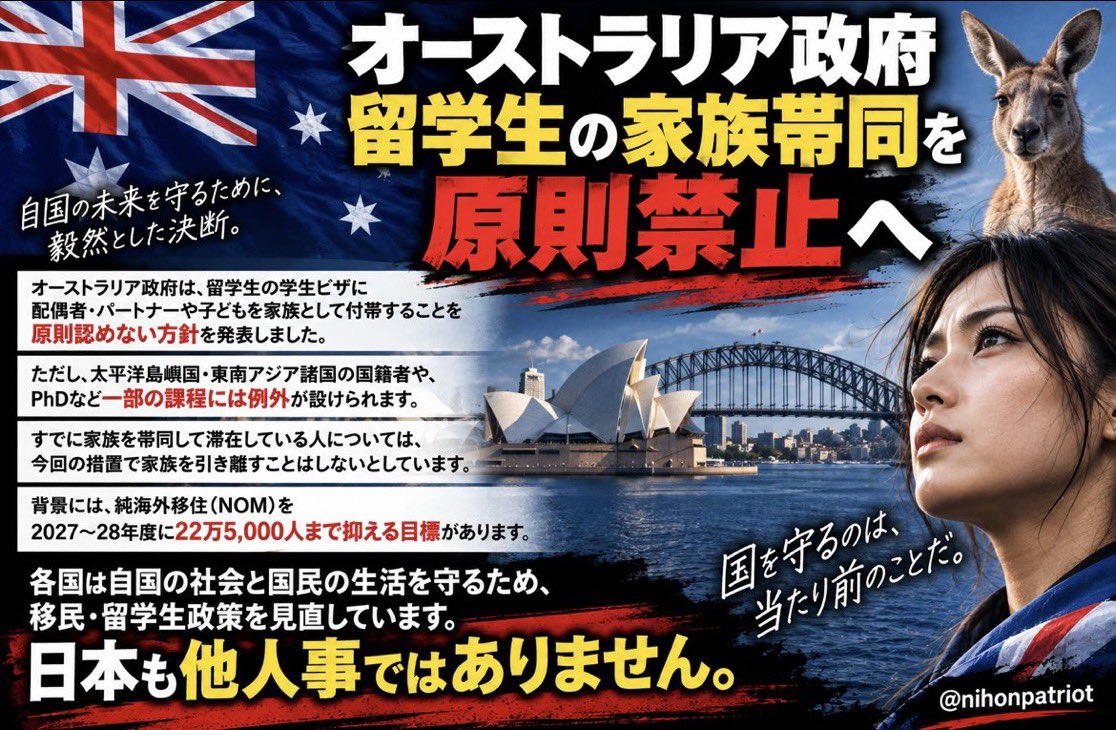 nihonpatriot's tweet photo. 日本も続こう！

【オーストラリア政府】留学生の家族帯同を原則禁止へ https://t.co/qP1GeCe6dX
