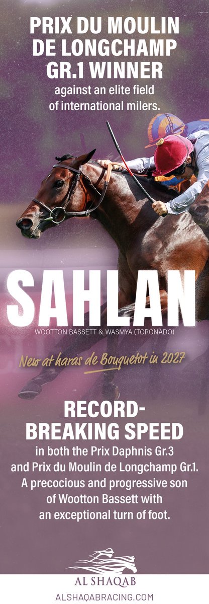 bloodstocknews's tweet photo. 🚀@AlShaqabRacing’s SAHLAN - NEW STALLION AT HARAS DE BOUQUETOT IN 2027

A Prix du Moulin de Longchamp Gr.1 winner against an elite field of international milers 🏆

⚡️ Record-breaking speed in both the Prix Daphnis Gr.3 and Prix du Moulin de Longchamp Gr.1.

➡️ https://t.co/ImQAeC0ePW