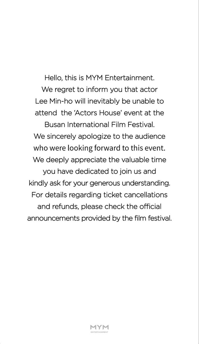u8zic's tweet photo. MYM Entertainment has announced that Lee Min-ho will be unable to attend the “Actors House” event at BIFF.

We hope everything is okay with him. 🤍

#LeeMinHo #BIFF #Assassins https://t.co/bXE0zuWClP