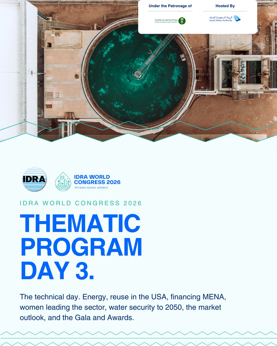 idra_water's tweet photo. How much water will the world need by 2050, and what closes the gap?​
​
Day 3 of the @IDRAWCongress 2026 thematic program is the technical day, and it ends on that question, then on an awards night. https://t.co/s1pdavFVFd