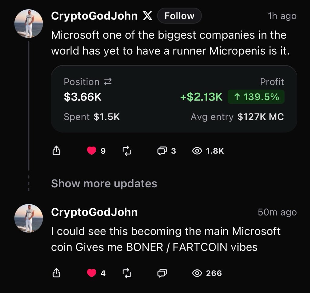 ellxprt's tweet photo. The way $MP is being sidelined is crazy, cause this shii keeps getting more interesting.

Micro Penis Just flipped Clippy officially becoming the biggest Microsoft coin launched on LONG + @CryptoGodJohn Bought more on PumpFun.

$MP is one the biggest narratives on the whole chain but only a few will understand it early.