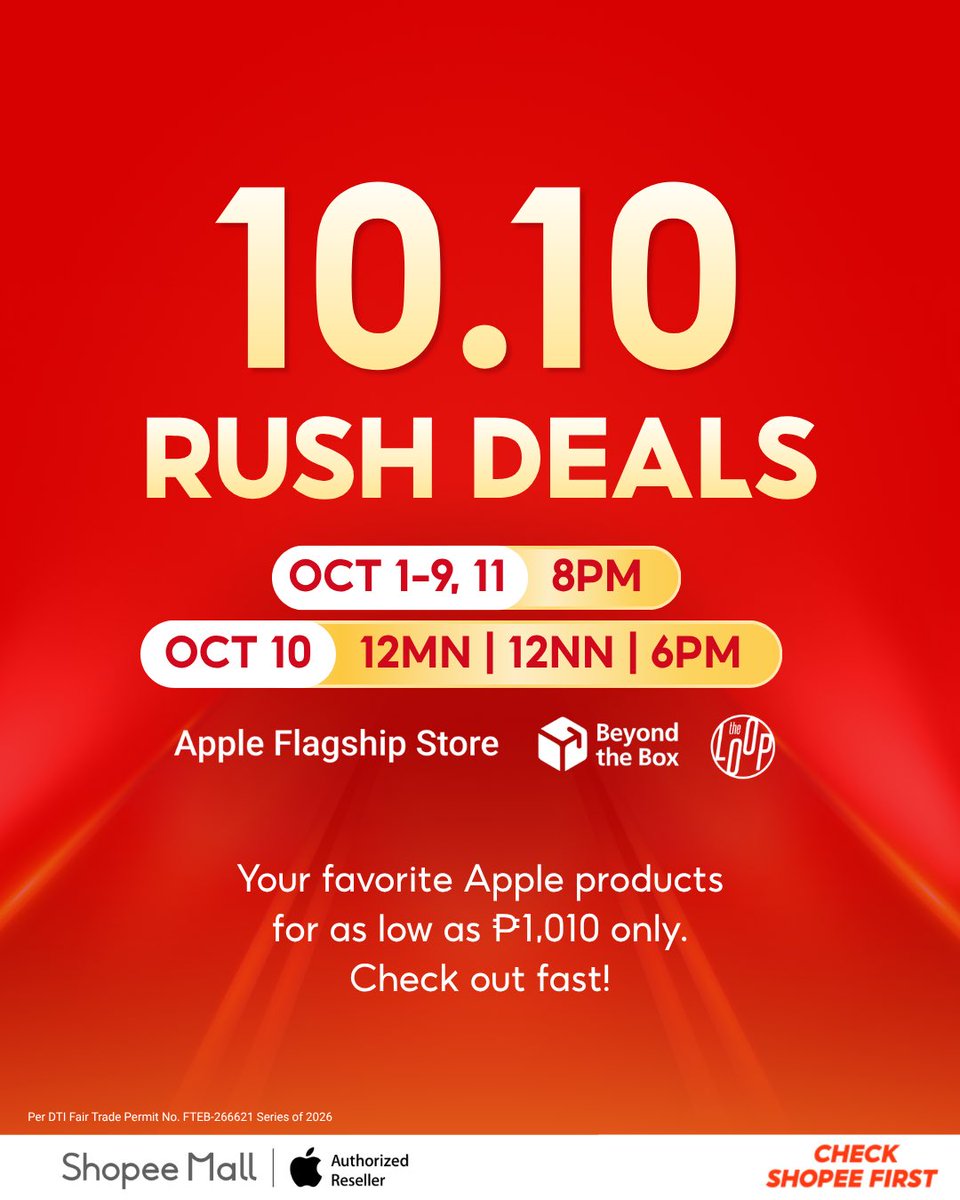 ShopeePH's tweet photo. PERFECT 10/10 SA RUSH DEALS NGAYONG #ShopeePH1010! 🤩

May Apple items ka bang inaabangan, Bestie? 👀 Get them for as low as ₱1,010 from Oct 1-11 and don’t wait too long because these deals are available while stocks last! ⏰

While you’re at it, #CheckShopeeFirst and enjoy 0% Interest on ALL items with #SPayLaterPH. 💸 Plus, explore #SiguradoSaShopeeMall finds while you shop! 🧡

SHOP NOW: https://t.co/3Bo9qDkHg7

#ShopeePH