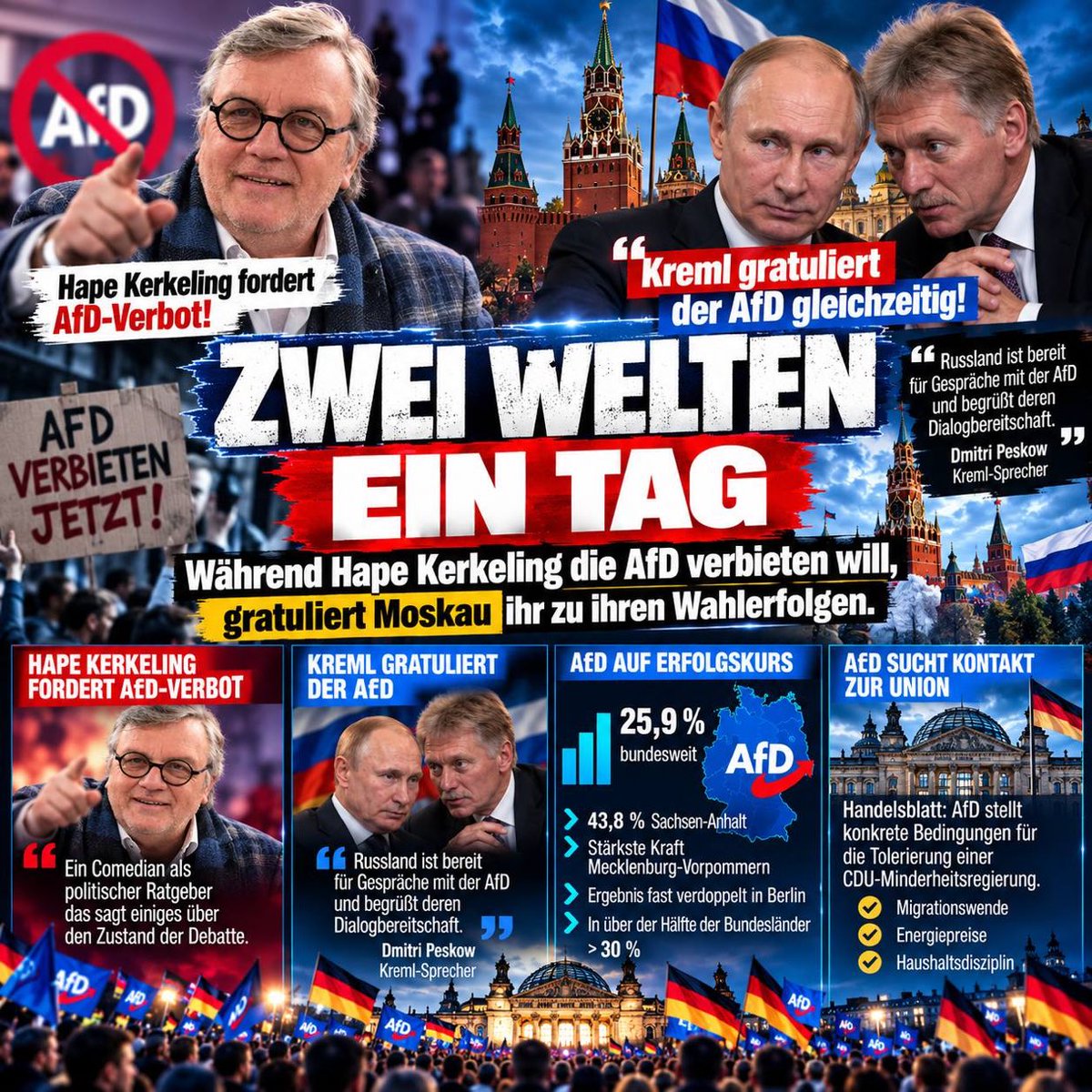 erdbeerbugler's tweet photo. 💙🇩🇪 Hape Kerkeling fordert AfD-Verbot und der Kreml gratuliert der AfD gleichzeitig

Heute, Donnerstag 1. Oktober 2026. Und zwei Meldungen von heute zeigen, wie absurd die politische Debatte in Deutschland gerade ist. https://t.co/P23ntG7yDo