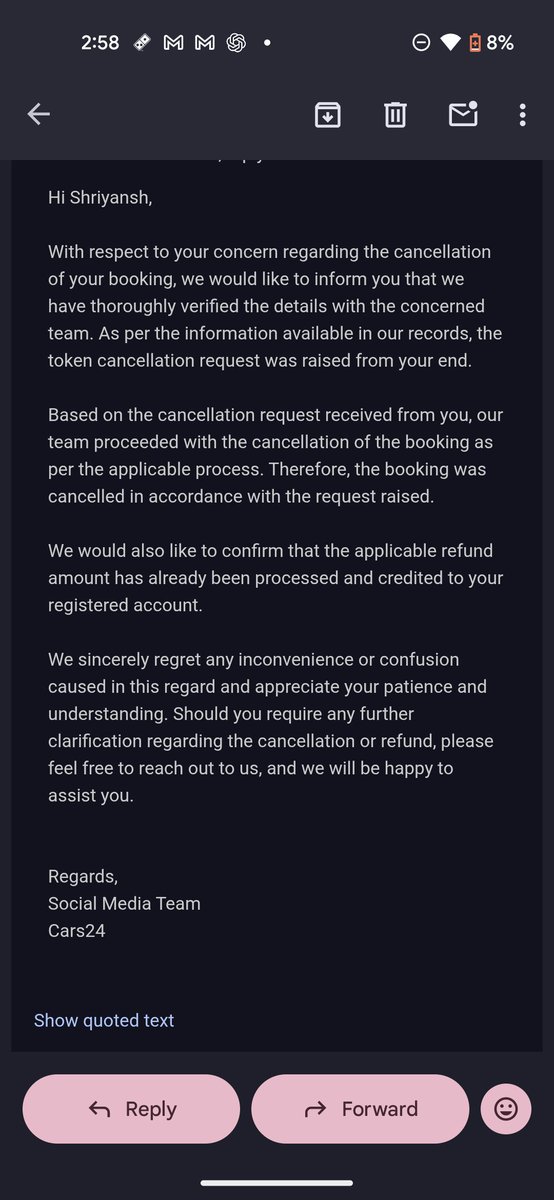 Sbkhpfw's tweet photo. Booked a car with @cars24india. It had faults, they delayed delivery, blamed ME for cancellation, and deducted ₹5,000. After 2 weeks, this is their response. What a scam! Filing a consumer complaint. Don't buy anything from scammer's  such a joke of company  #scam #CARS24 #india https://t.co/WfwQVBq8vZ