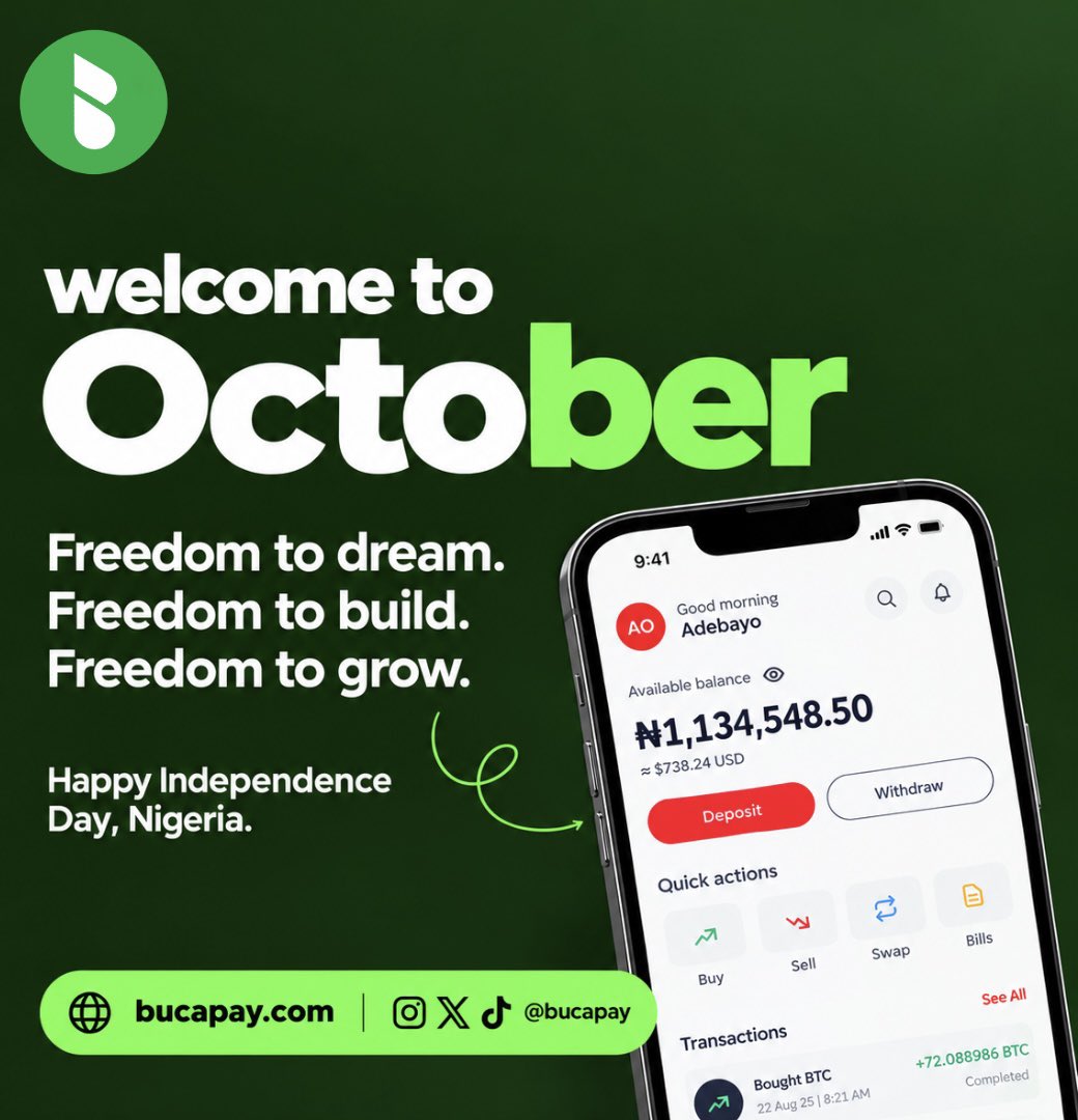 Bucapay's tweet photo. Welcome to October.
A new month. Fresh opportunities. More possibilities.

As Nigeria celebrates another Independence Day, may we continue to dream, build, grow, and create a better financial future.

Happy New Month &amp; Happy Independence Day, Nigeria.

#October #IndependenceDay https://t.co/oIgh0wPmmb