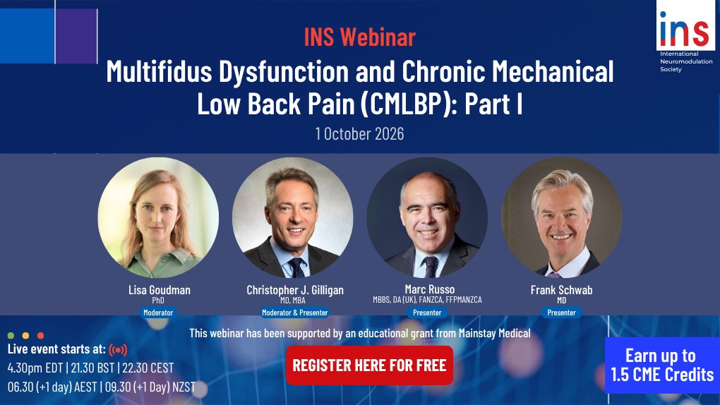 IntlNeuromod's tweet photo. β° Starting in just a few hours: INS Webinar on Multifidus Dysfunction and Chronic Mechanical Low Back Pain (CMLBP): Part I
π https://t.co/knICMpo9KY
Supported by an educational grant from Mainstay Medical.
#Neuromodulation #ChronicPain #LowBackPain #Multifidus #CME https://t.co/VVHKpitHK5