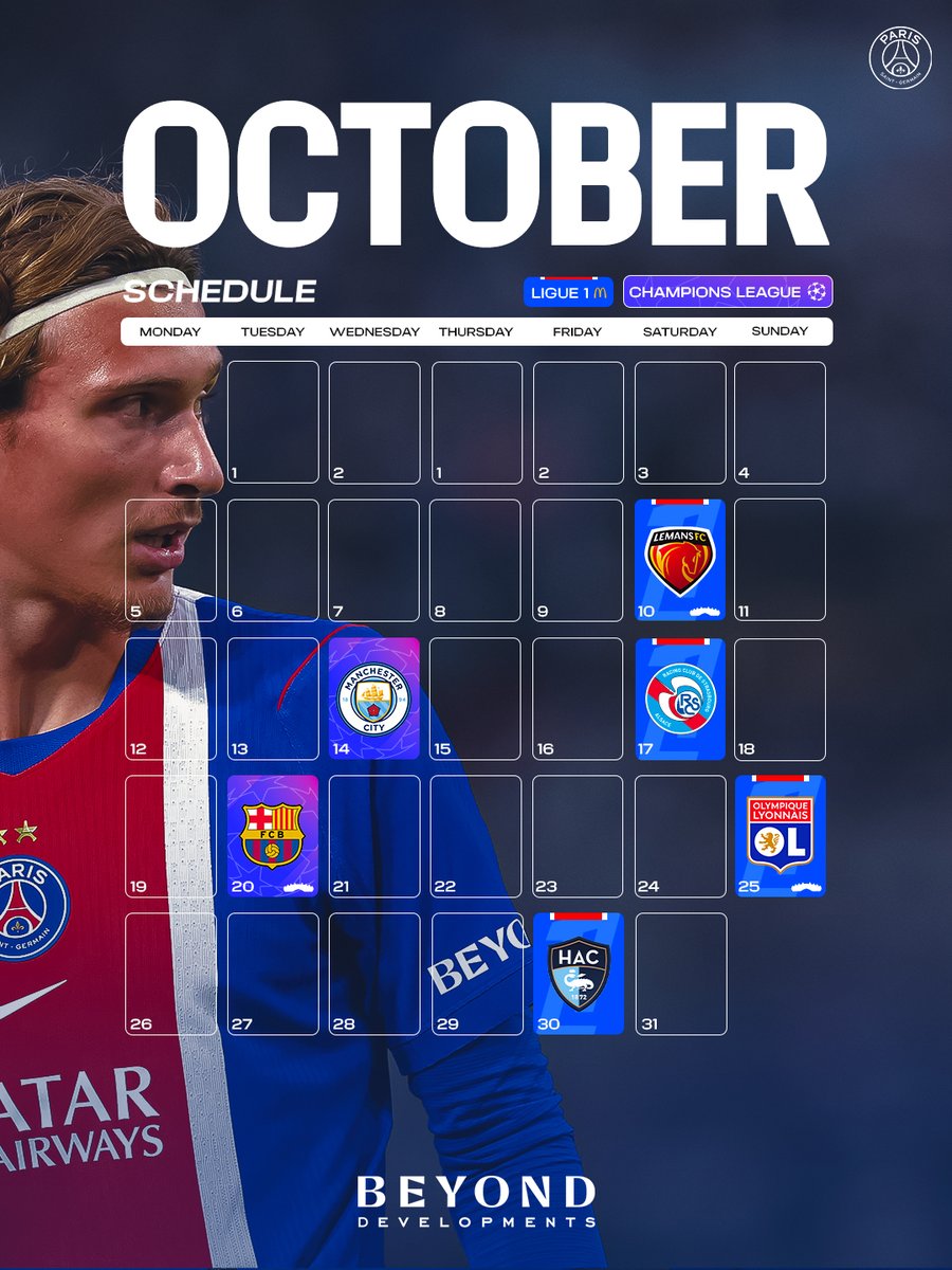 PSG_inside's tweet photo. Nouveau mois, nouvelles rencontres ! 💪

Le calendrier d'octobre de nos Parisiens. 🔴🔵

🗓️ @Beyond__Dubai https://t.co/Qp9M1eJNt0