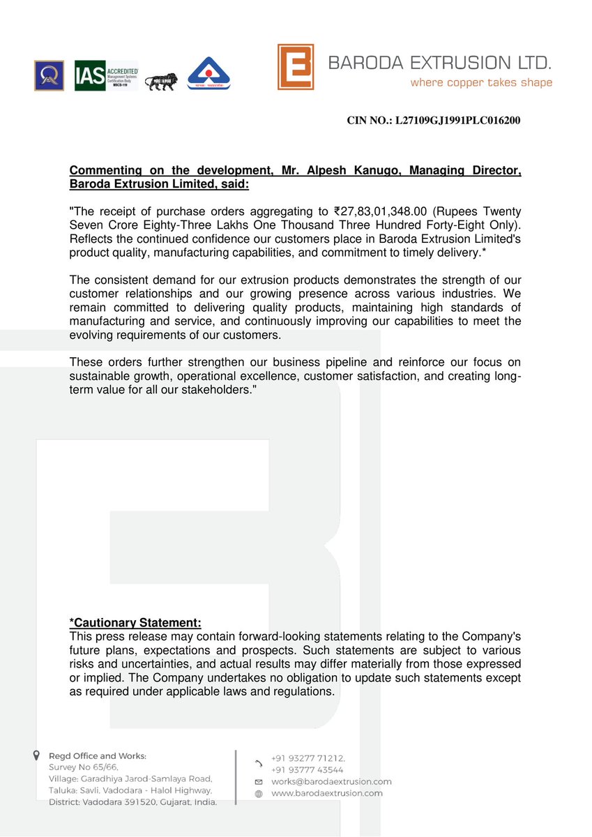 _Investor_Feed_'s tweet photo. 📦 Orderbook Alert: Baroda Extrusion Ltd receives ₹27,83,01,348.00 in purchase orders for September 2026 | MCap 191.47 Cr

- Order value: ₹27,83,01,348.00 in September 2026
- Products: Copper Flats, Pipes, Rods, Hex Bars, Coils, Nuggets, Anodes, Profiles
- Applications: Electrical, Defense, Renewable, HVAC, plumbing, etc.
- Company has 35+ years of copper legacy
- MD Alpesh Kanugo: Orders reflect customer confidence in quality and delivery

Disc: Information provided in above tweet can be inaccurate, verify through the source i.e. attached image(s) & in reply before making any investment decision.