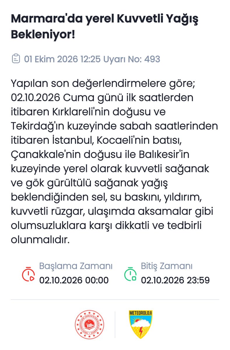 meteoroloji_twi's tweet photo. 🔊Meteorolojik Uyarı
Marmara'da Yerel Kuvvetli Yağış Bekleniyor!
@AFADBaskanlik @tekirdaggovtr @TC_istanbul @kocaelivaliligi @CanakkaleGovTr @TC_Balikesir https://t.co/0k1b3KwoH2