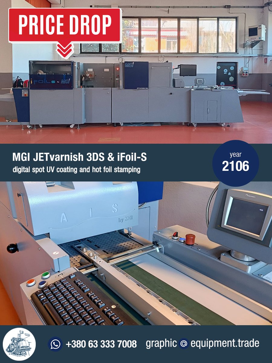 graphicequipmen's tweet photo. MGI JETvarnish 3DS &amp; iFoil-S (year 2016)

Digital spot UV coating and hot foil stamping on different page sizes up to 36,4x102 cm. The #MGI JETvarnish 3DS &amp; iFoil-S turns printed jobs into spectacular and irresistible print products

📲+380 63 333 7008 WhatsApp

#MGIJETvarnish3DS https://t.co/jpoMbFTL9w