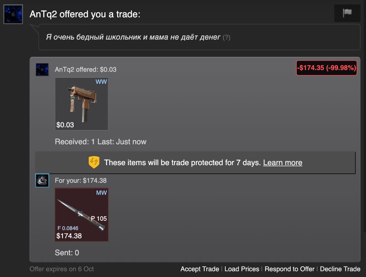 shvorakoff's tweet photo. Bro offered me a $0.03 skin for my $174 knife π Then hit me with βIβm a poor student, my mom wonβt give me moneyβ ππ Bro really thought poverty was a valid trade-up strategy ππ
#CS2 #CS2Trading #CS2Memes #Steam #SkinTrading #Gaming https://t.co/LuxA3pAEoR