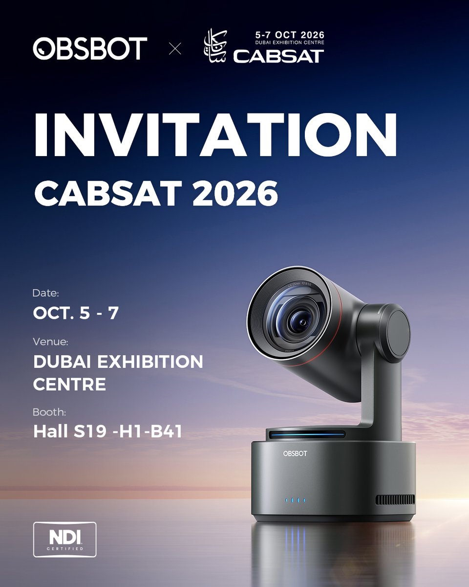 OBSBOT_Official's tweet photo. Dubai, we’re coming! 👋

Catch OBSBOT at #CABSAT2026 and see our PTZ cameras, NDI workflows, and multi-camera production setups in action.

📅 Oct. 5–7
📍 Dubai Exhibition Centre
🎪 Hall S19, Booth H1-B41

Hope to see you there! https://t.co/gSU4DvwMY0