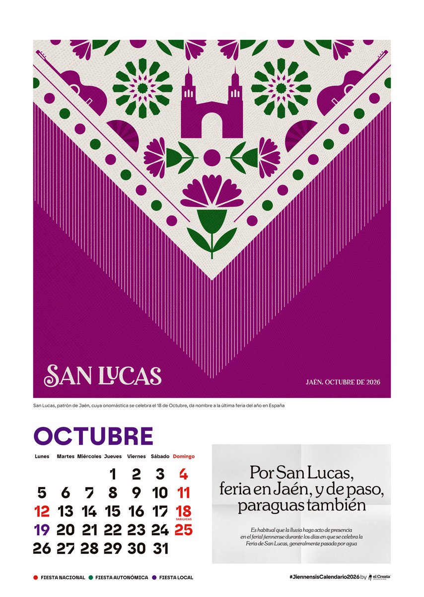 elCreata's tweet photo. Ámonos pa la feria!!!

Ya está aquí el mes de octubre del Jiennensis Calendario 2026

#SanLucas #Jaén #Feria #JiennensisExpressions https://t.co/BCrPuGy46m