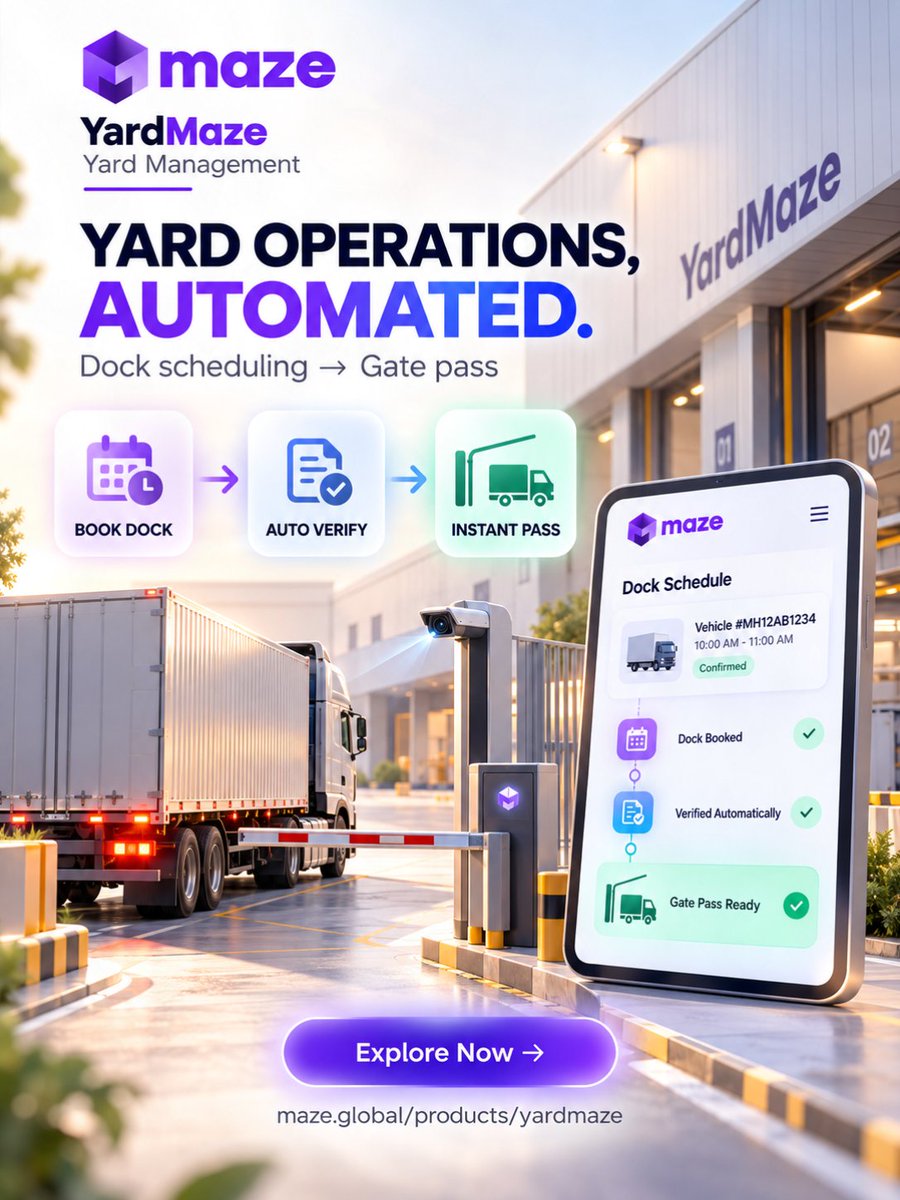 infomazeglobal's tweet photo. Yard operations, without the bottlenecks. π
Automate dock booking, verification, and gate passes for smoother vehicle flow.
#YardMaze #YardManagement #DockManagement #Logistics #SupplyChain #Automation #WarehouseTech #Maze https://t.co/rvpDgwWSSy