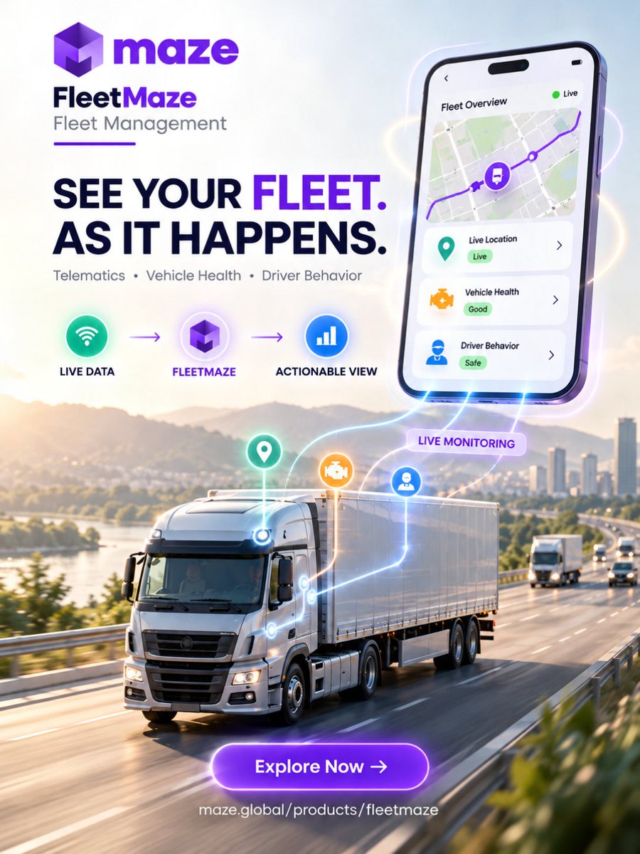 infomazeglobal's tweet photo. From fleet questions to live answers. π
Track vehicles, monitor health, improve safety, and control fuel usage in real time.
#FleetMaze #FleetManagement #FleetTracking #Telematics #Logistics #FleetTech #VehicleHealth #Maze https://t.co/A2K4iTPOZ9