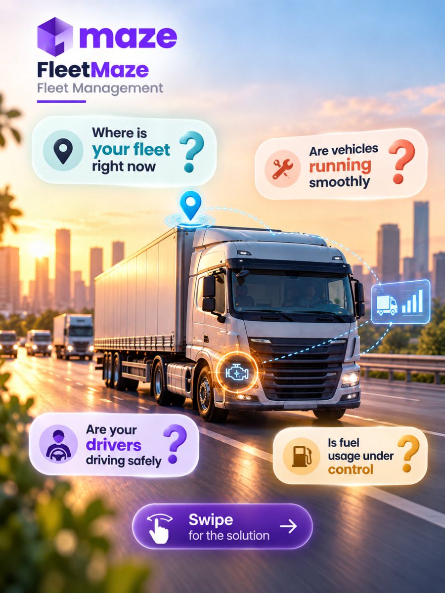 infomazeglobal's tweet photo. From fleet questions to live answers. π
Track vehicles, monitor health, improve safety, and control fuel usage in real time.
#FleetMaze #FleetManagement #FleetTracking #Telematics #Logistics #FleetTech #VehicleHealth #Maze https://t.co/A2K4iTPOZ9