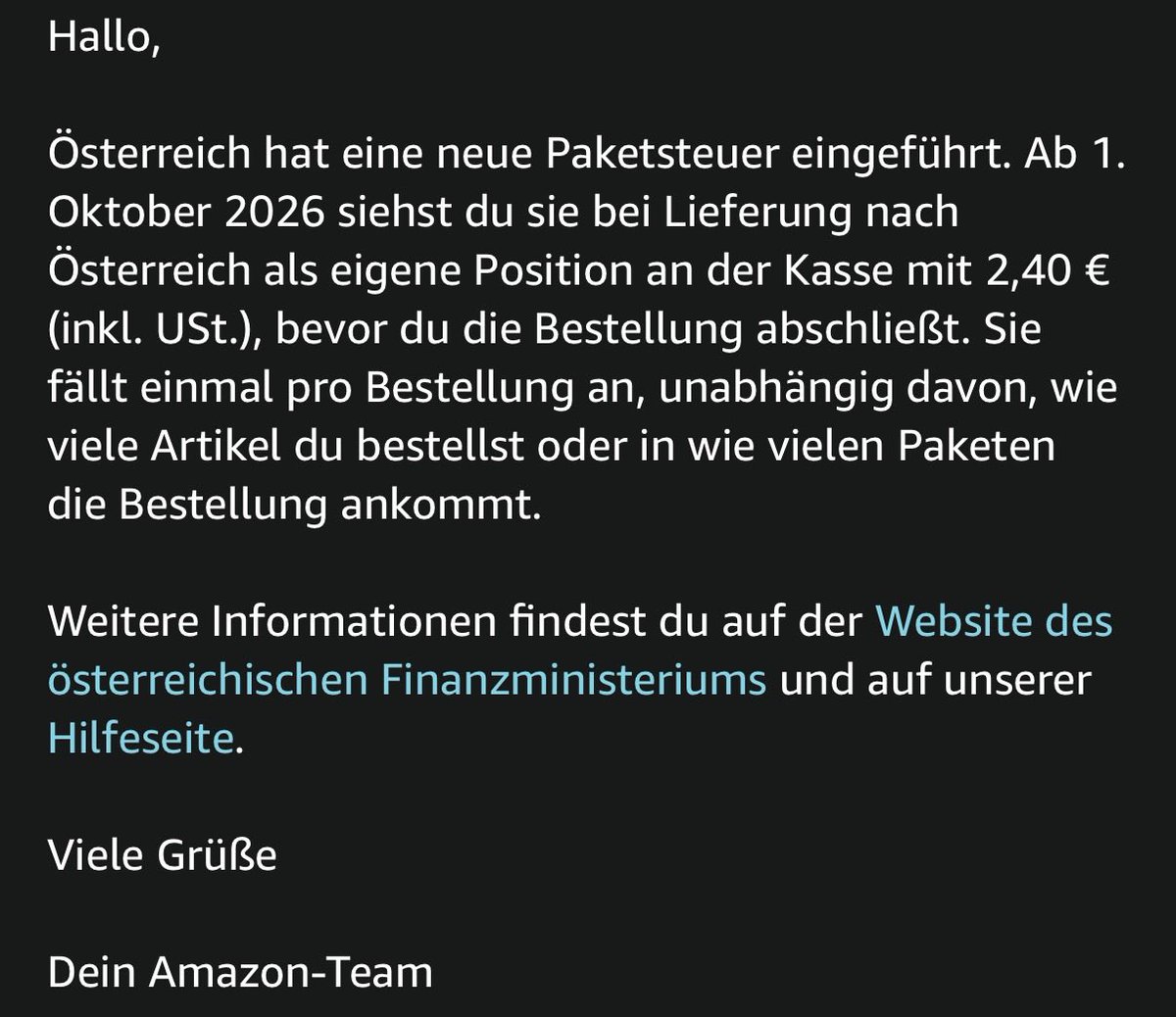 derLehnsherr's tweet photo. Hey @amazonDE, Bro!
Das ist eine Steuer für Versandhändler, also für dich. 
Nirgendwo steht dass du die auf uns abwälzen musst, vor allem nicht bei über 4 Mrd Umsatz in Österreich und für Primekunden. https://t.co/WsdZs68H7O